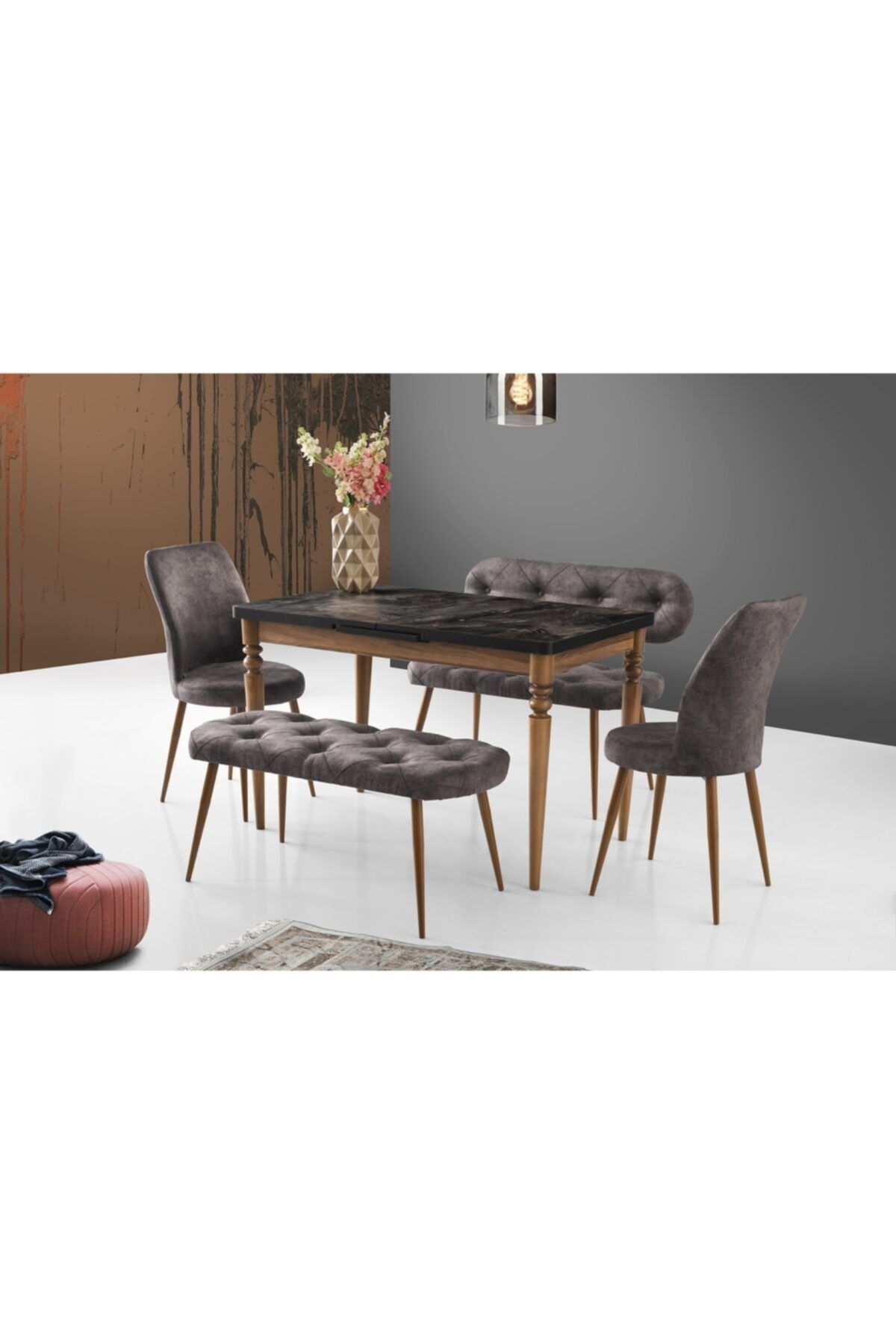Evistro Ortadan Açılır Ahşap Salon Yemek Masası Ceviz-mermer +sandalye+bench Puf Takımı