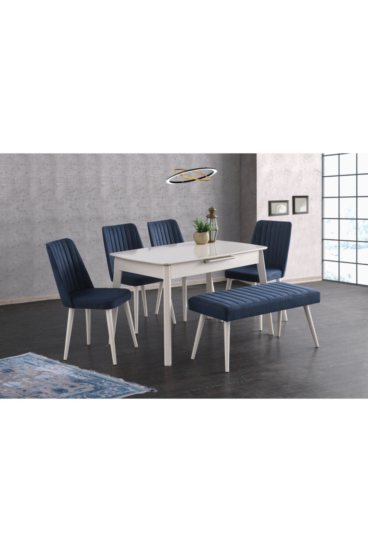 Evistro Ortadan Açılır Ahşap Salon Yemek Masası Bench Puf 6 Adet Sandalye