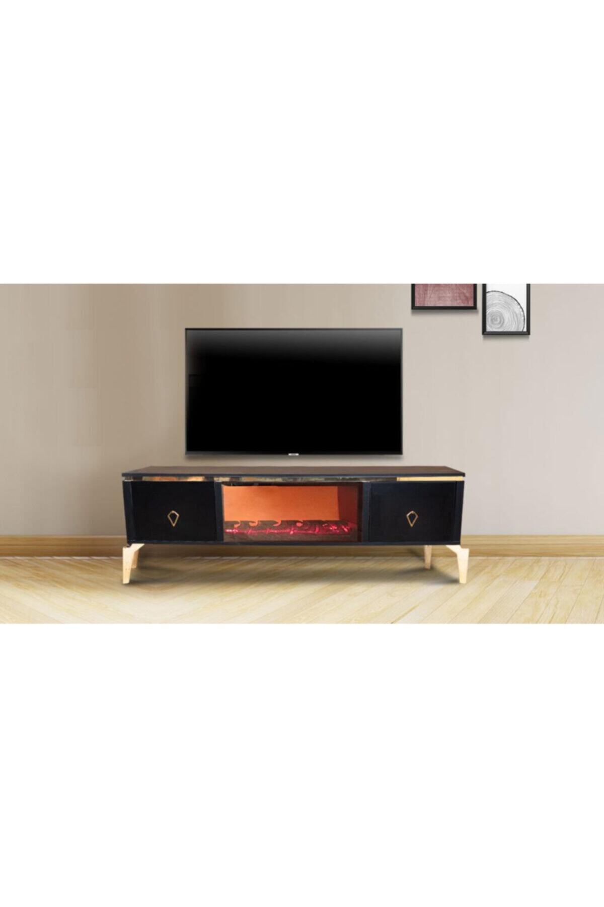 S&S HOME DESIGN Şömineli Siyah Gold Tv Ünitesi