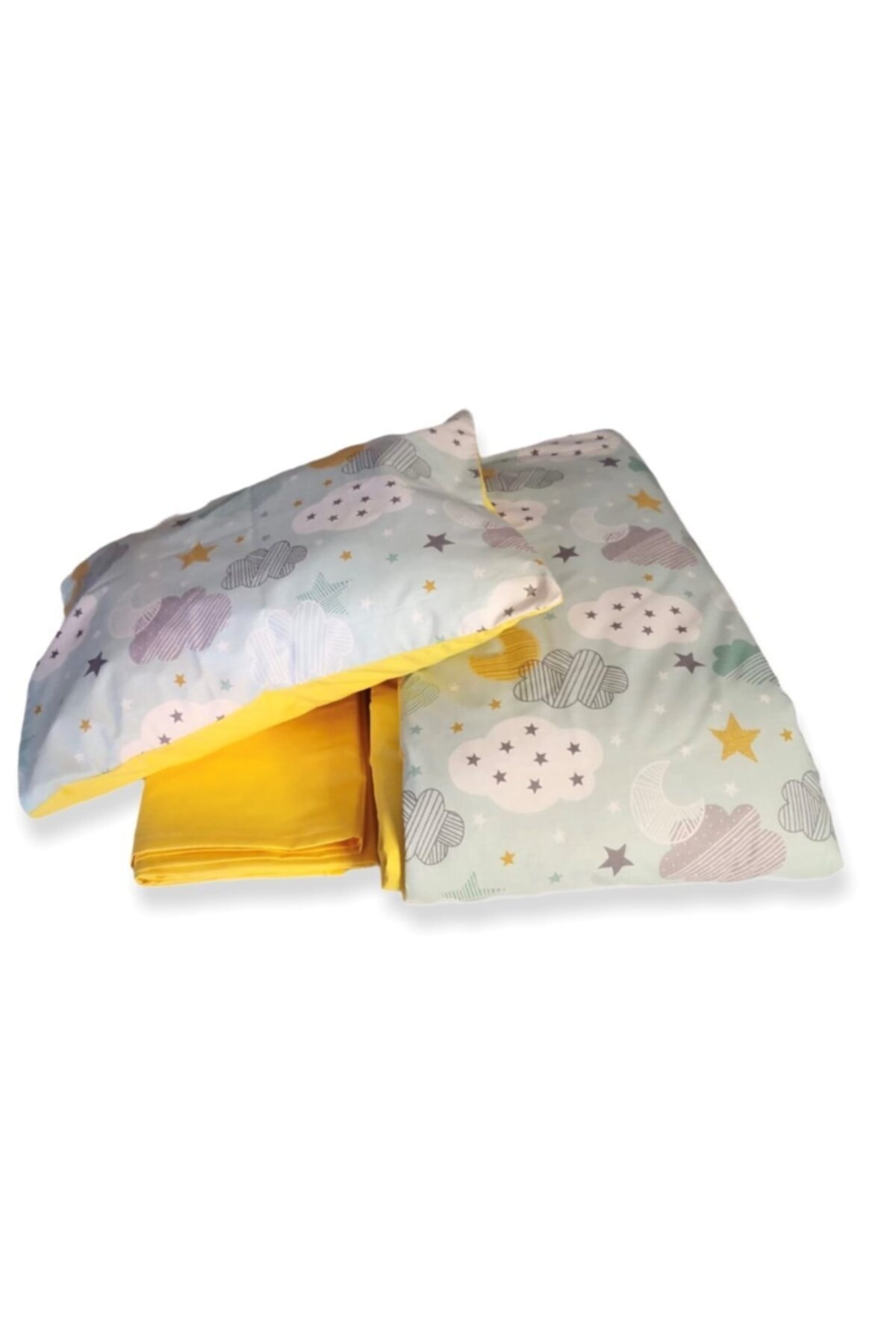 Bebek Özel %100 Pamuk Çocuk 120x200 Montessori Yastık Çarşaf Yorgan Sarı Ve Yeşil Ay Yıldızlı