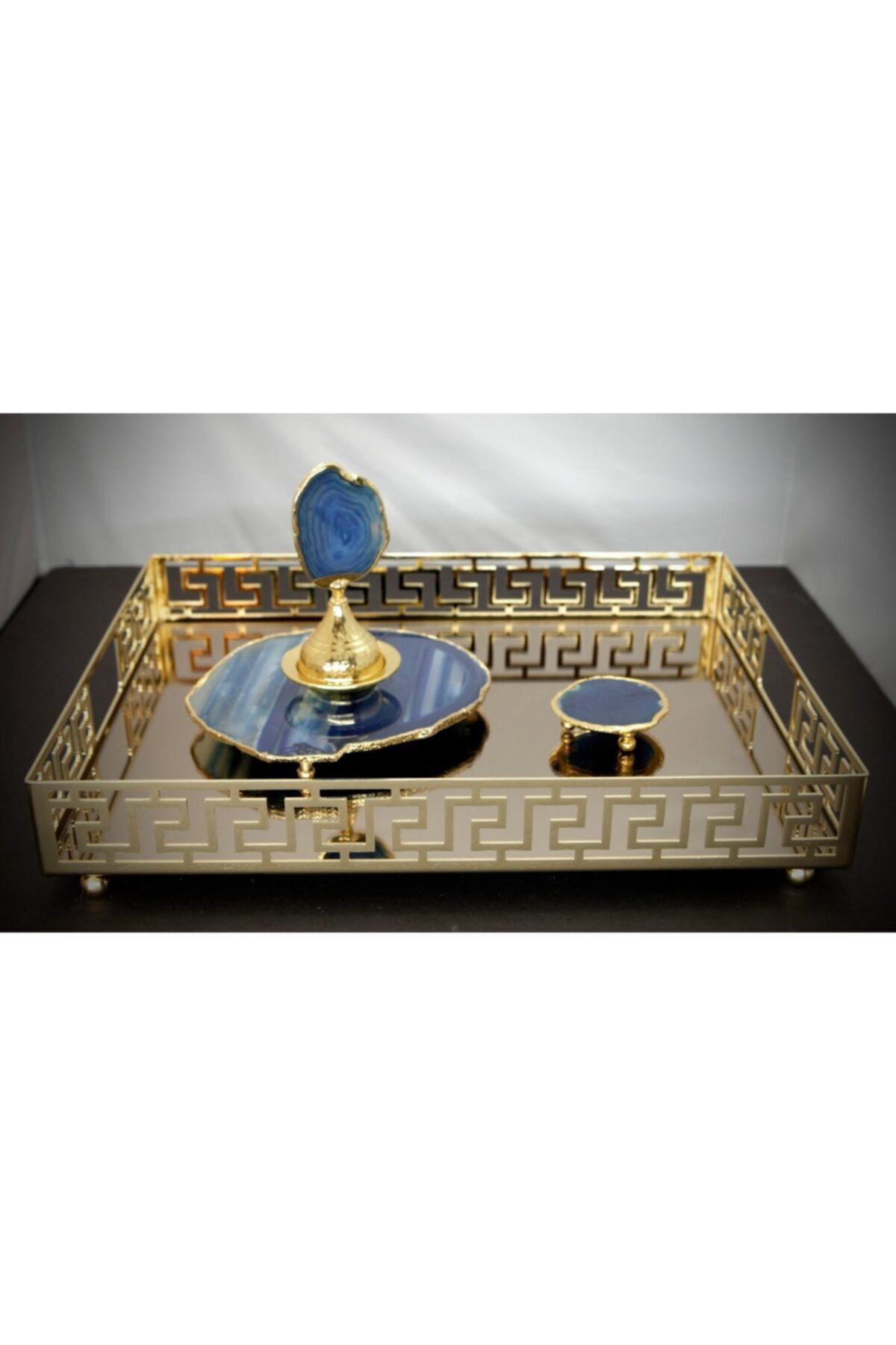 Markimo Home Versace Altın Büyük Boy Dikdörtgen Aynalı Lazer Kesim Sunum Ve Servis Tepsisi Jardinyer