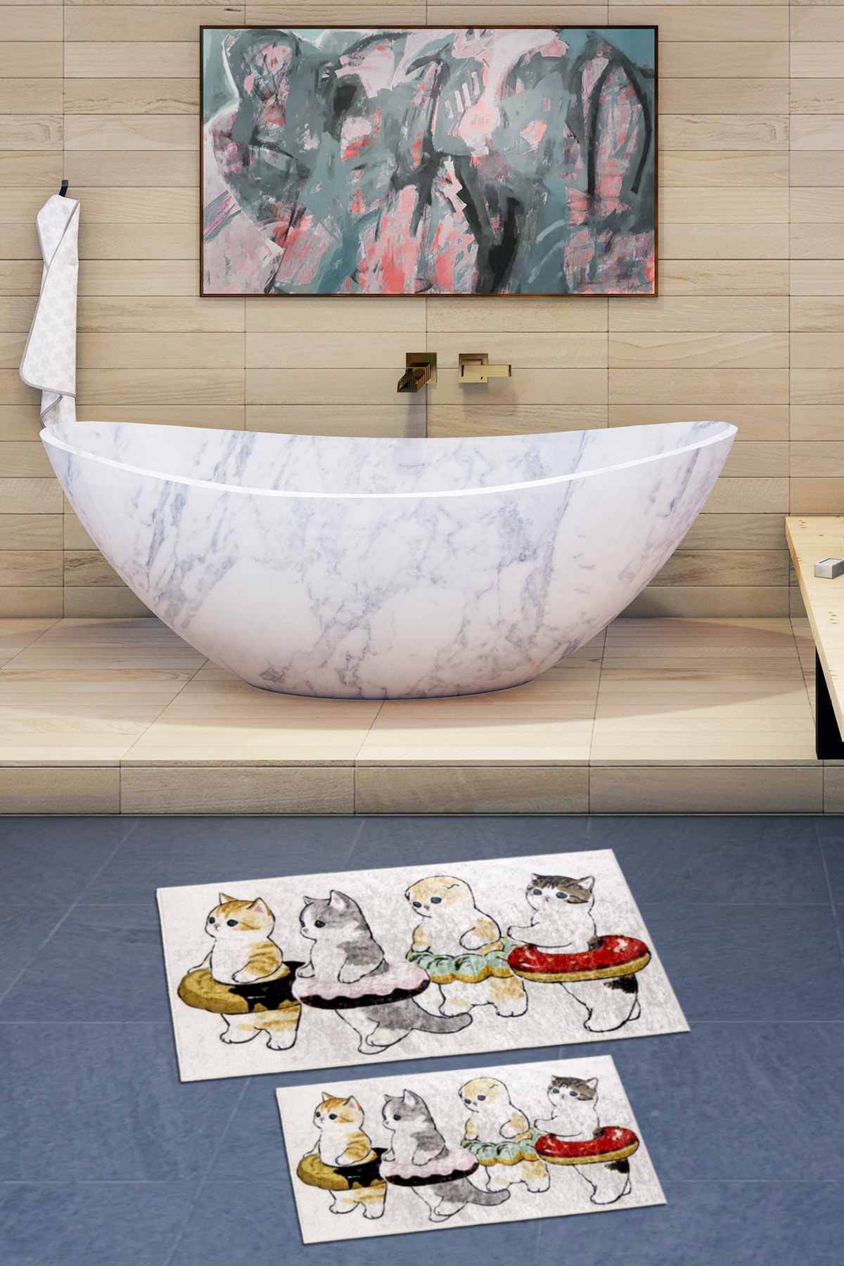 Koza Halı Yıkanabilir Dijital Kaymaz Taban 2'li Banyo Paspası 4243a