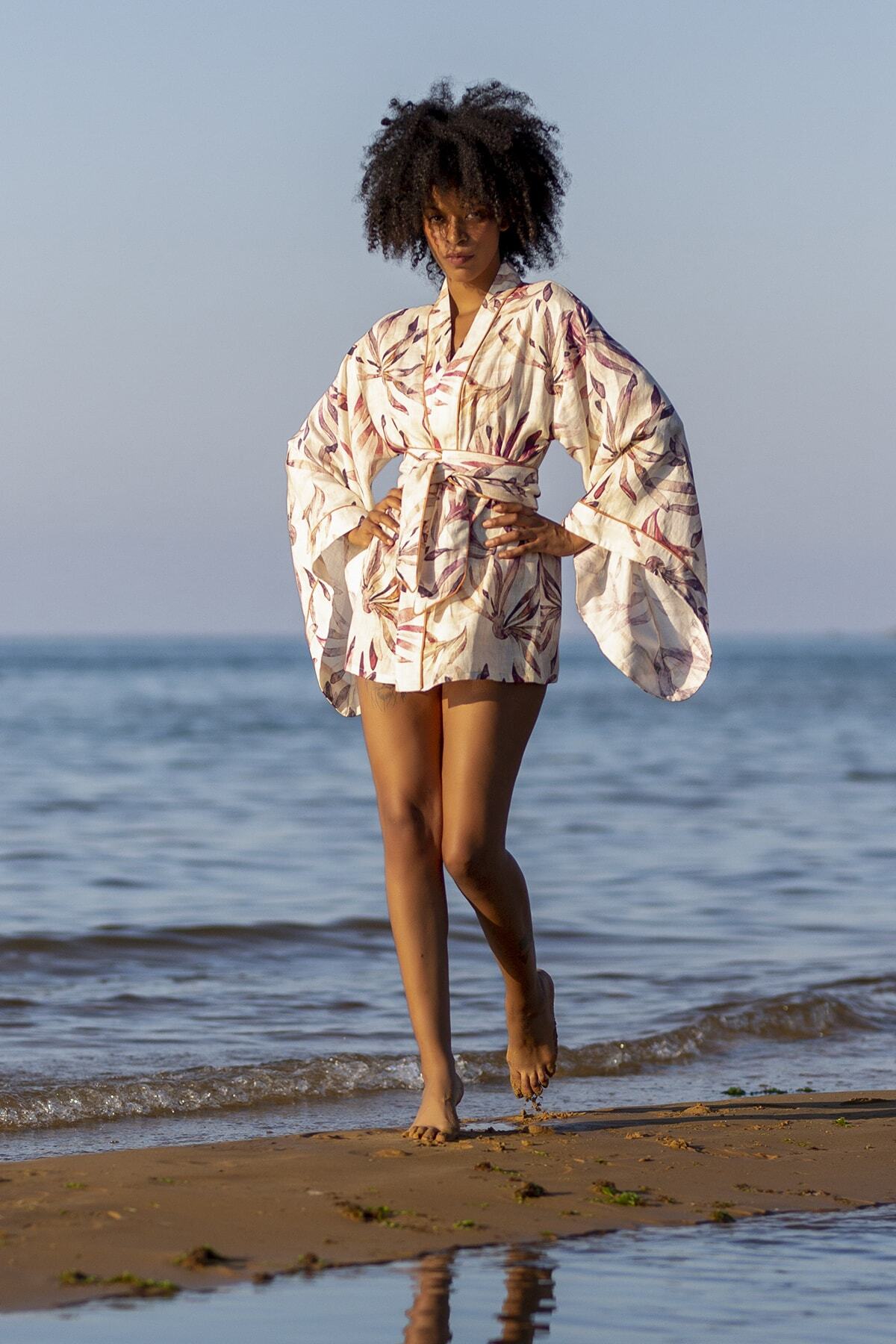 bonneva Eva Floro Kısa Kimono Keten