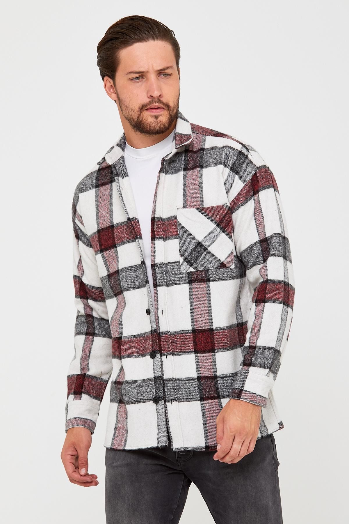 Enuygunenmoda Erkek Slim Fit Tek Cep Kareli Hakiki Oduncu Gömleği Bordo
