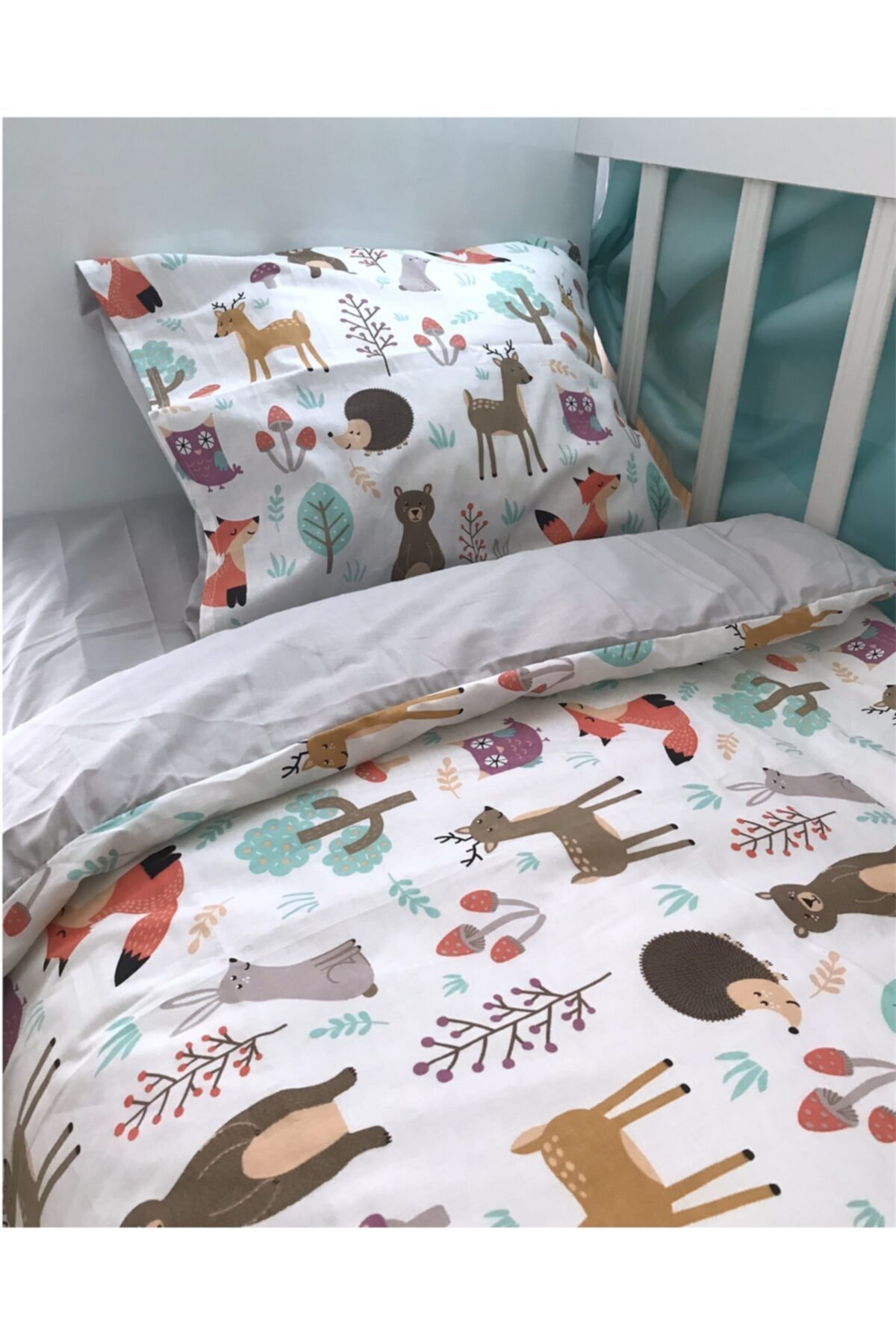 Bebek Özel %100 Pamuk Çocuk 100x200 Montessori Yastık Çarşaf Yorgan Doğa Hayvan Desenli Gri