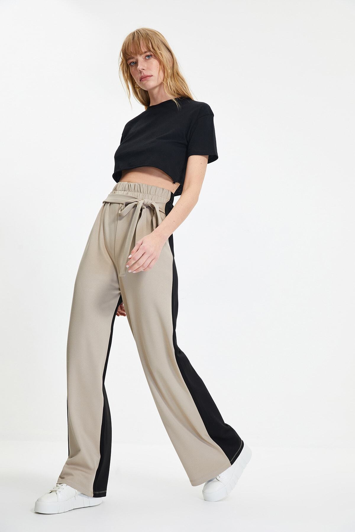 TRENDYOLMİLLA Vizon Renk Bloklu Wideleg Örme Pantolon TWOAW22PL0405