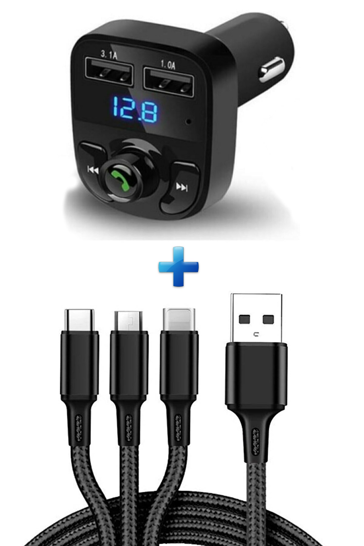 MEZİGARC Fort Transit Custom Uyumlu 2li Araç Içi Set Bluetooth Kit Fm Transmitter Ve 3in1 Şarj Kablosu