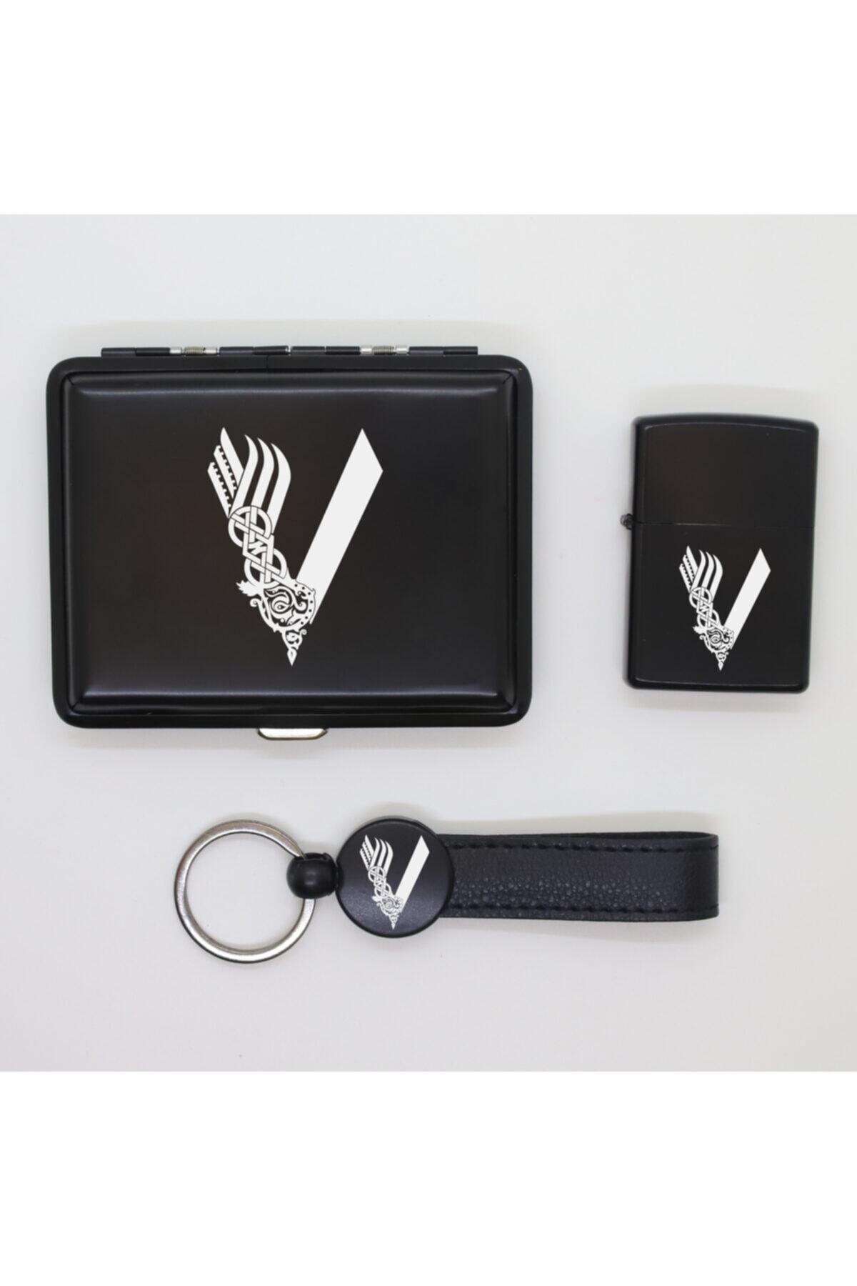 ELALAZER Vikings Metal Tabaka Zippo Çakmak ve Anahtarlık Seti