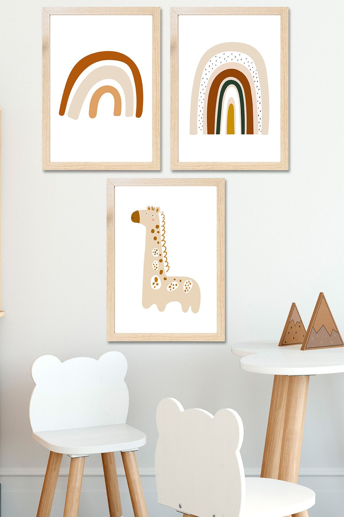 LYN HOME & DECOR Zoo Ahşap Rengi Çerçeveli 3 Adet 23x33 Çocuk Odası Tablosu