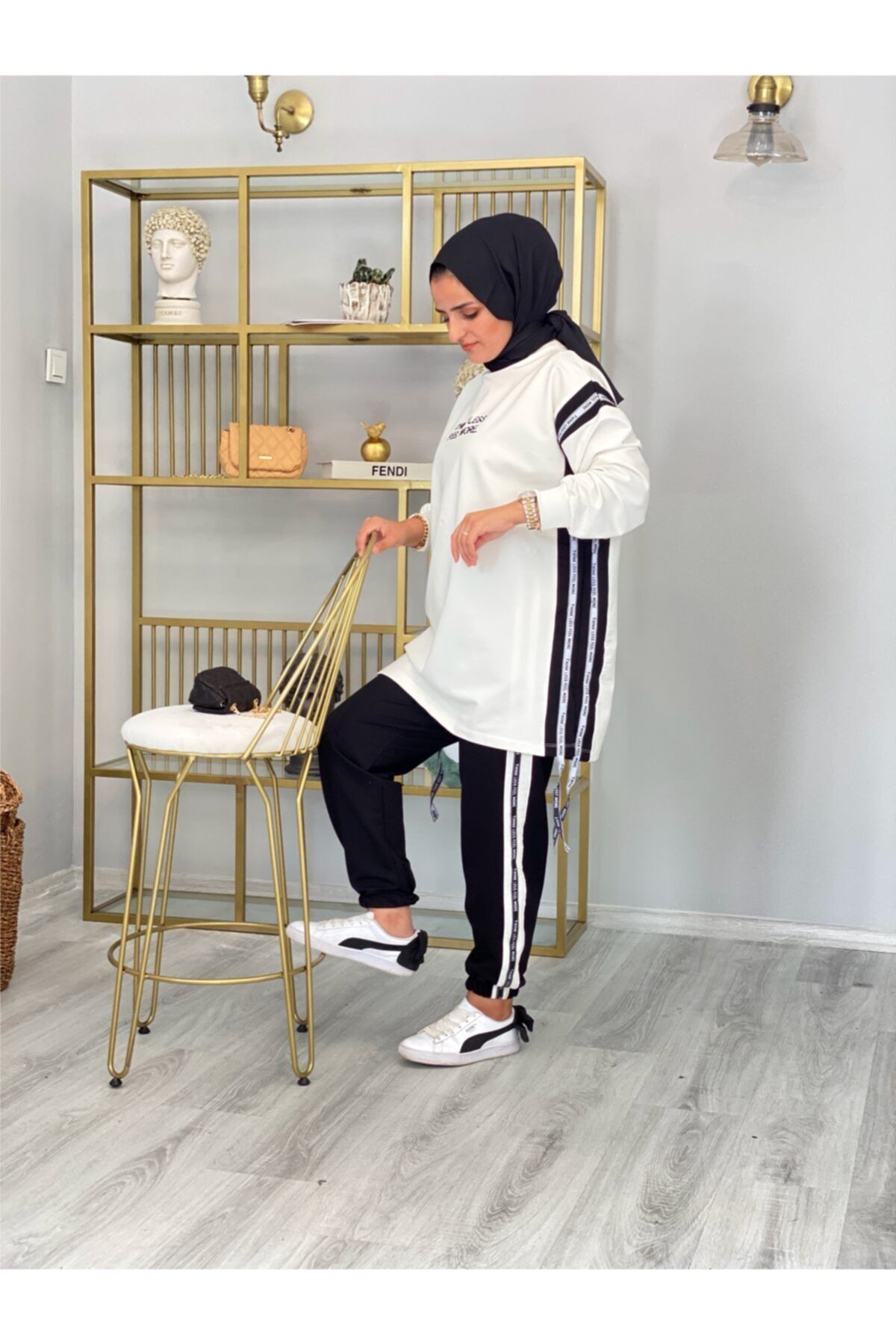 ASEL FASHİON Emilya Siyah Beyaz Lastikli Eşofman Takım
