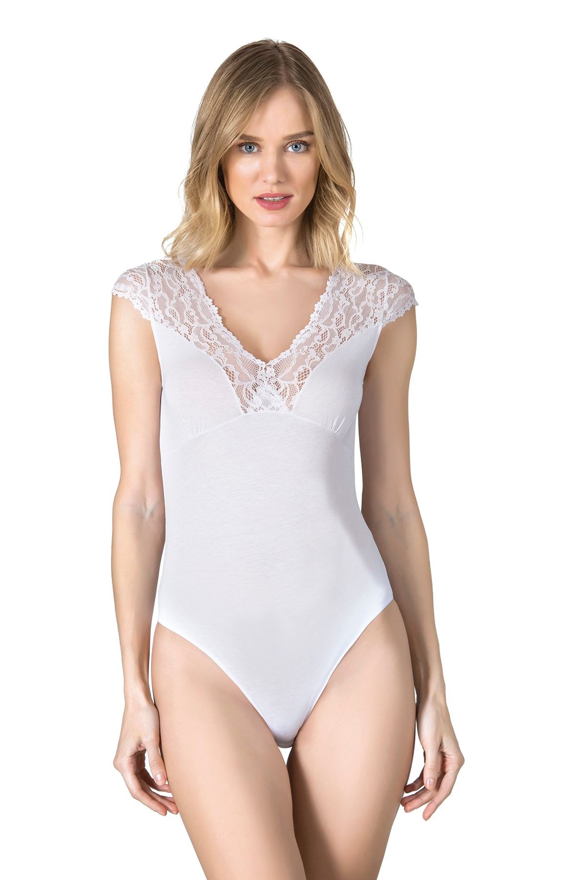 ÖZKAN underwear Özkan 24204 Kadın Pamuklu Likralı Dantelli Süprem Kancalı Çıtçıtlı Body