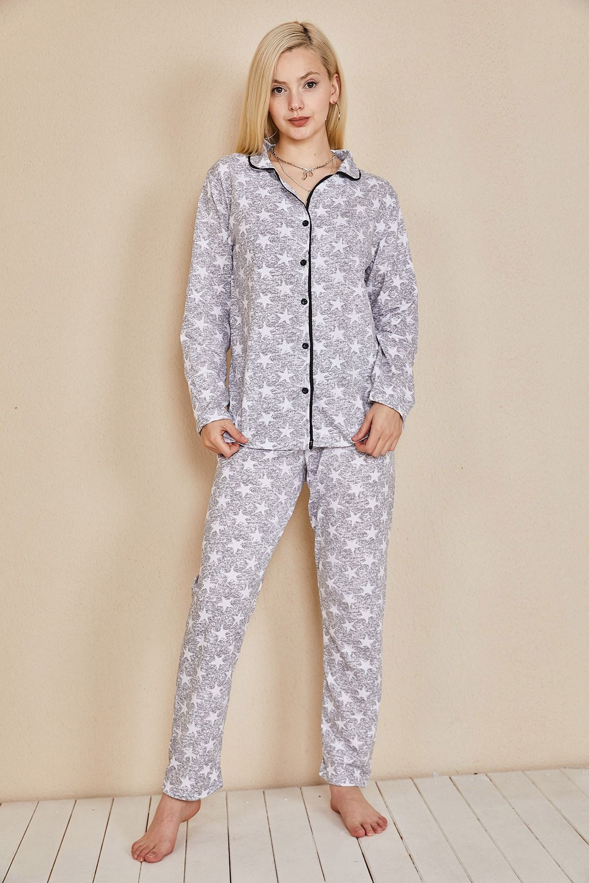 Morpile Kadın Gri Düğmeli Pijama Takım