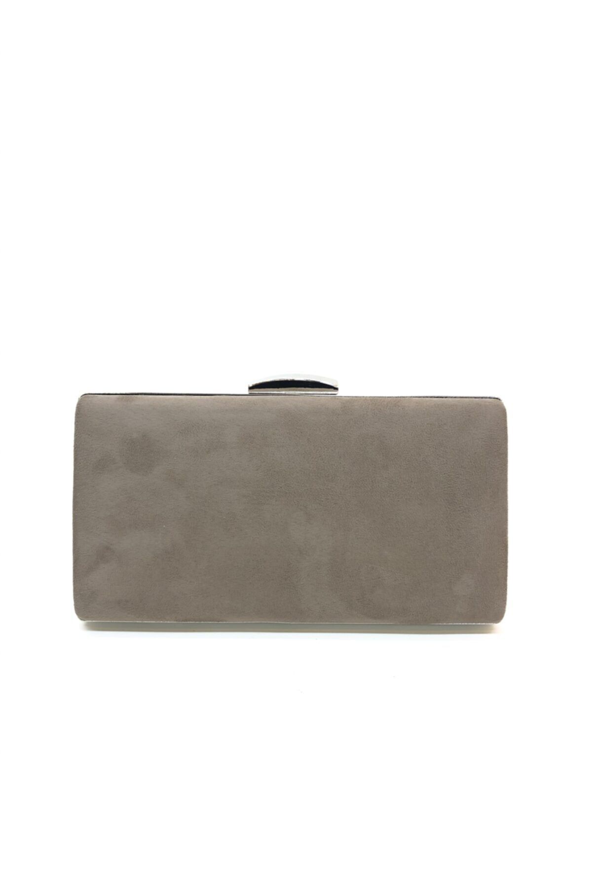 womenacs Kadın Süet Vizon Renk Uzun Askı Kullanımlı Abiye Portföy Clutch Çanta
