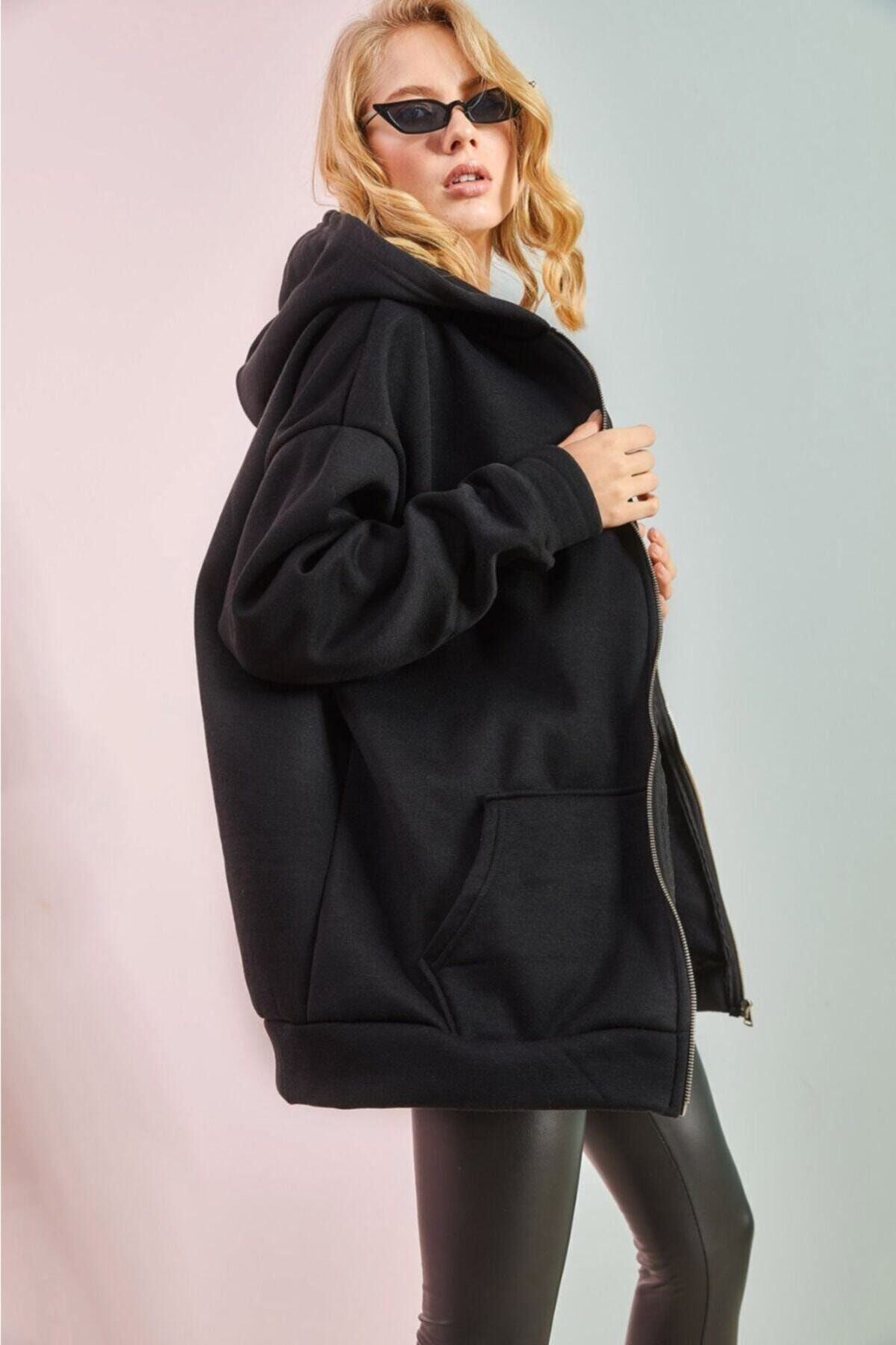 OLALAA BUTİK Kadın Siyah Kapüşonlu Oversize Şardonlu Fermuarlı Örme Sweatshirt