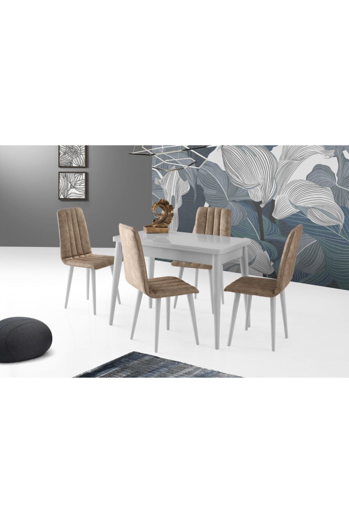 Evistro Ortadan Açılır Ahşap Salon Yemek Masası Gizli Kaşıklık Bölmeli + 4 Kahve Sandalye Takım