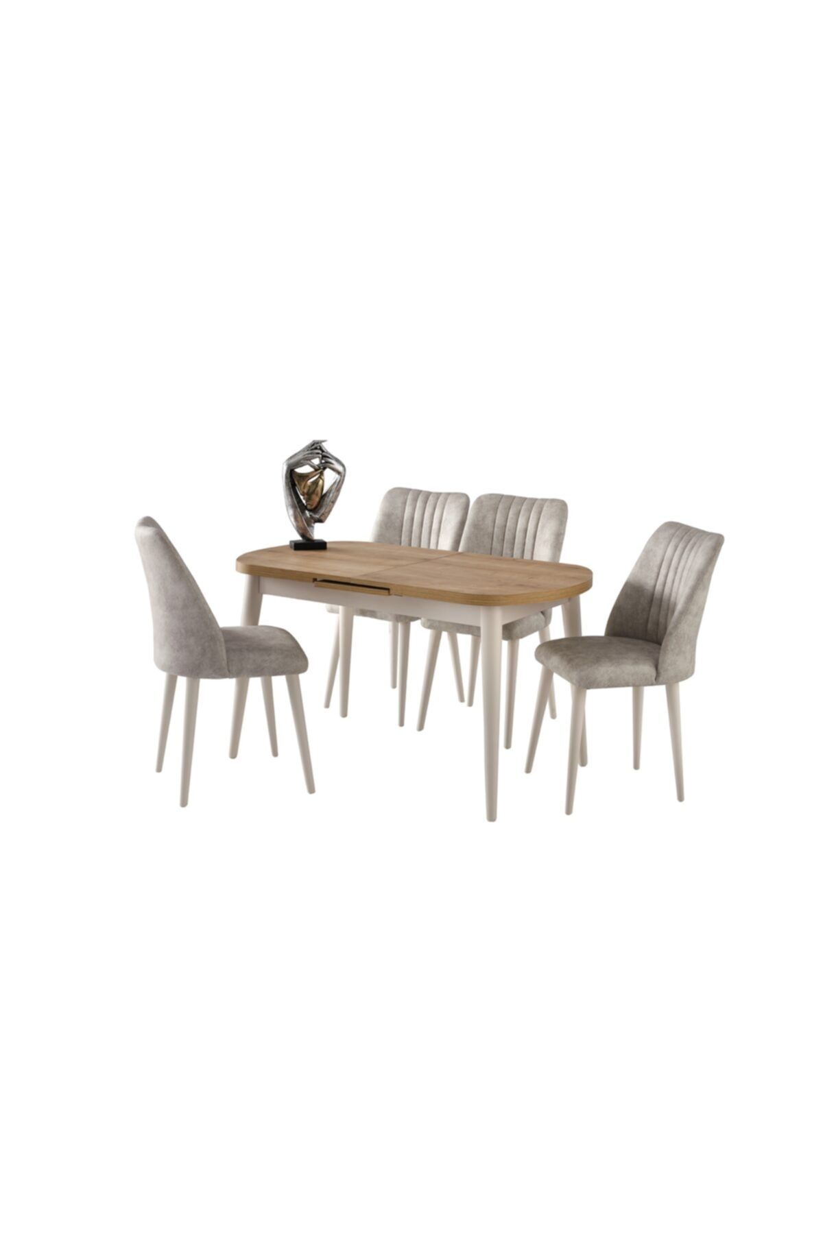 Evistro Ortadan Açılır Ahşap Salon Yemek Masası Oval Meşe + 4 Krem Sandalye Takım