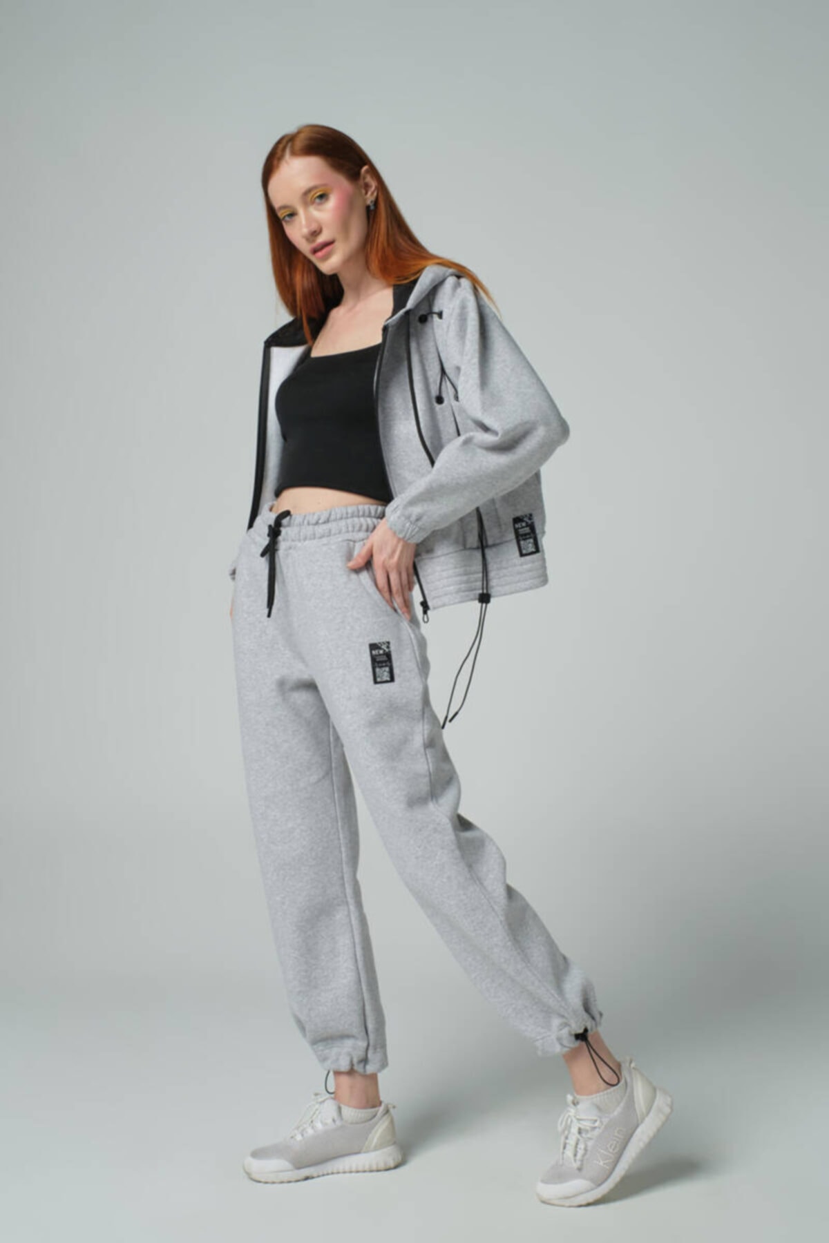 DAVID&GERENZO Gri Çapraz Bağcık Detaylı Fermuarlı Kapüşonlu Oversize Eşofman Takımı