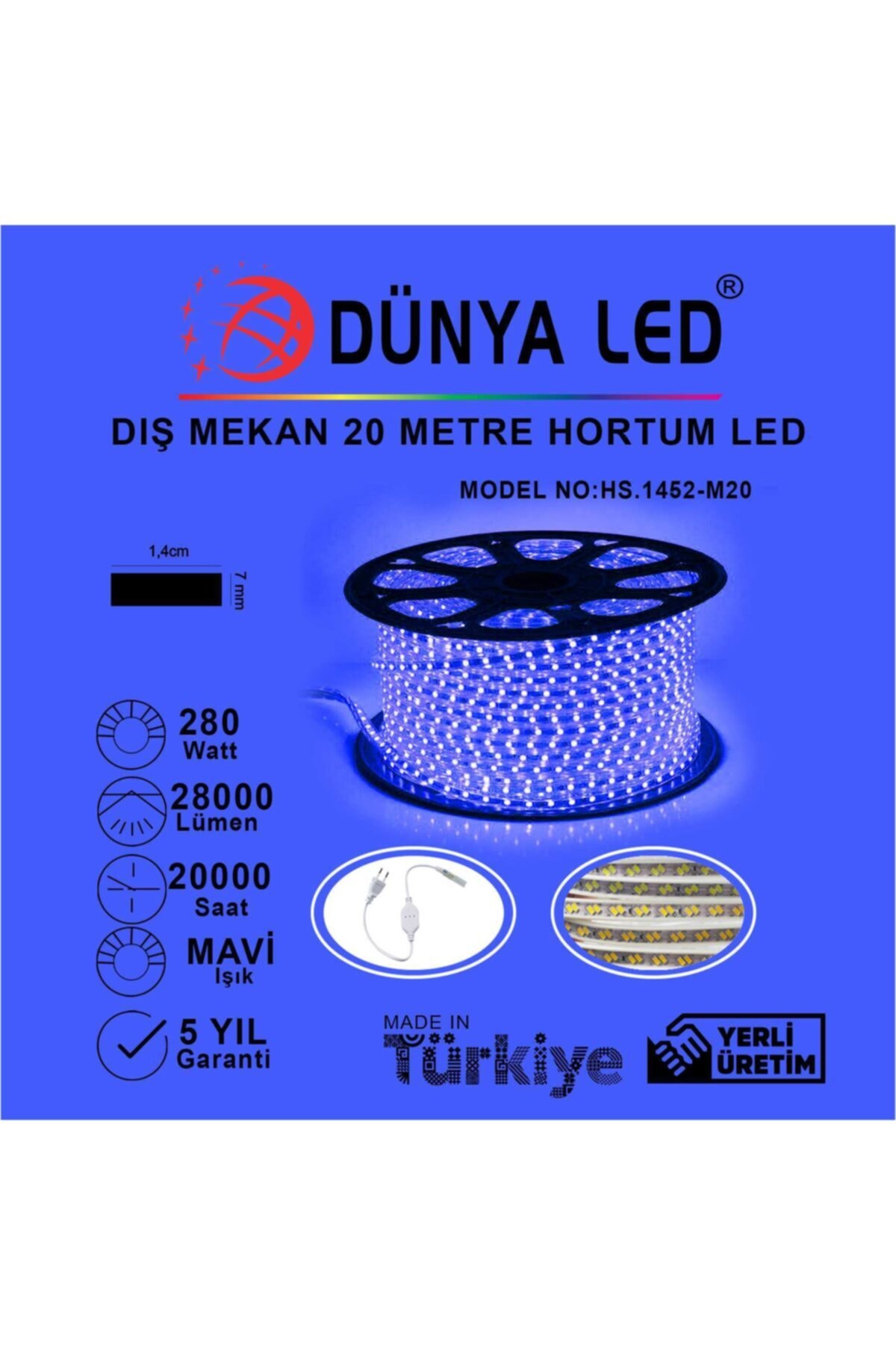 DÜNYA LED Hs.1452-m20 220v 120 Ledli Mavi Hortum Led 20 Metre + Aparat