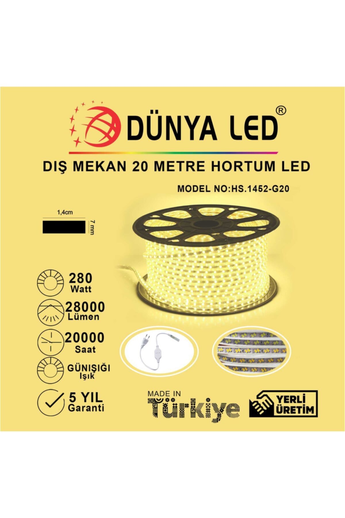 DÜNYA LED Hs.1452-g20 220v 120 Ledli Günışığı Hortum Led 20 Metre + Aparat