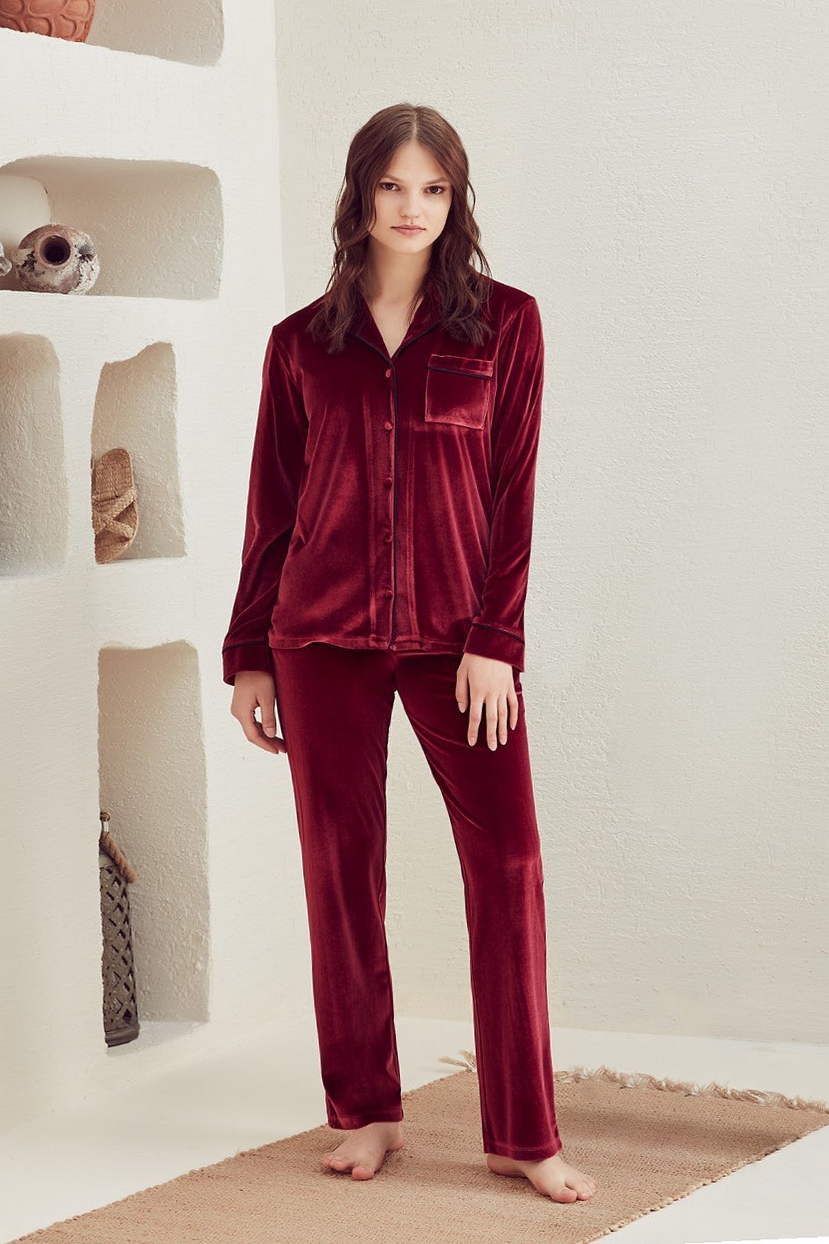 Eros 29660 Kadın Bordo Kadife Önden Düğmeli Gömlek Pijama Takımı