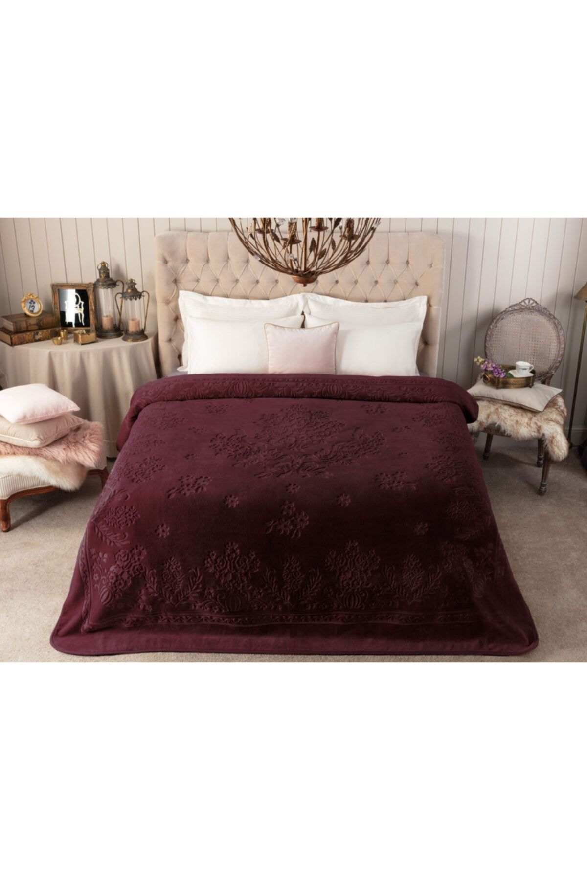 Madame Coco Jardin Fleuri Çift Kişilik Emboss Battaniye - Bordo