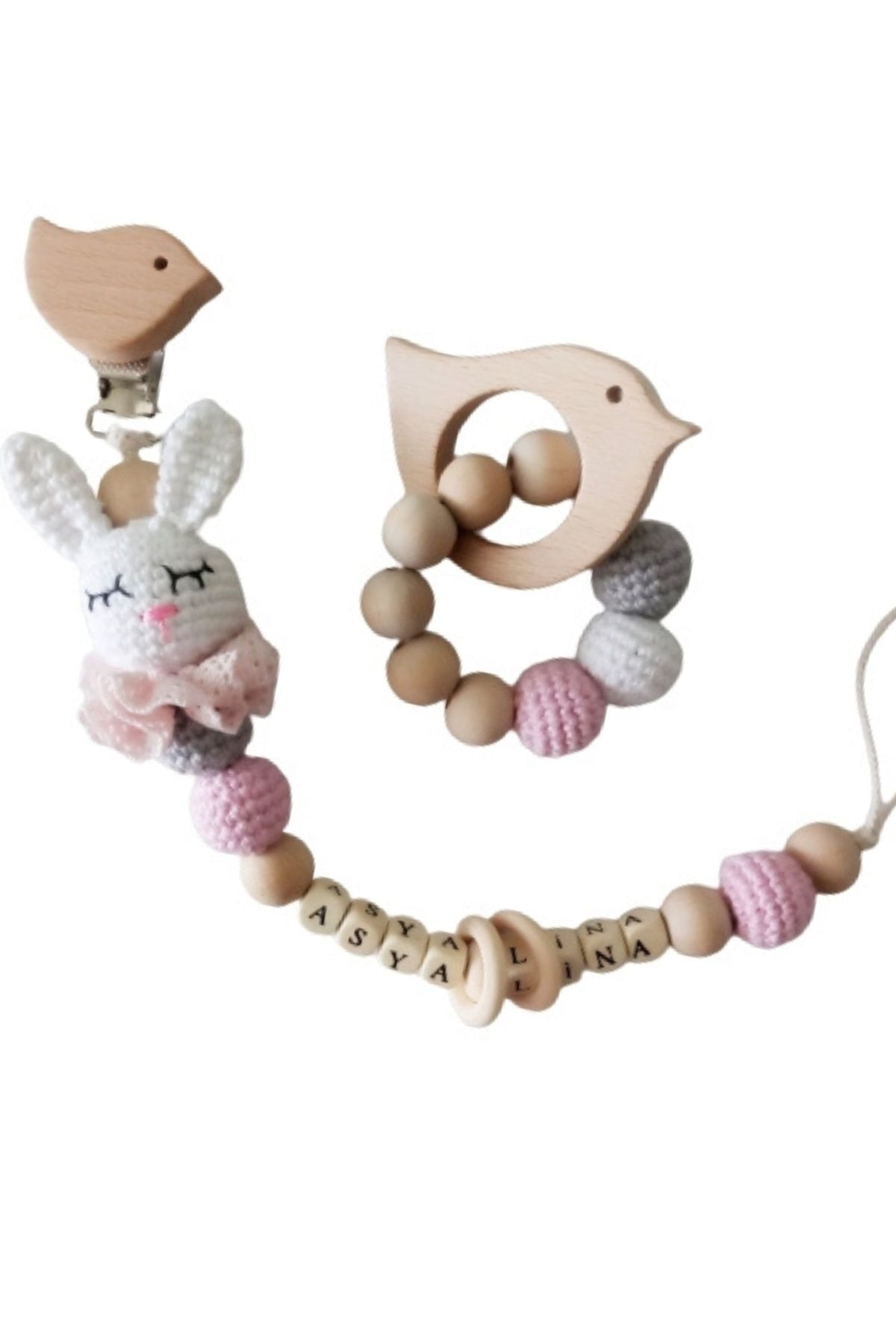 MYG Baby Ahşap Diş Kaşıyıcı Ve Ahşap Emzik Zinciri, Emzik Tutucu Çıngırak