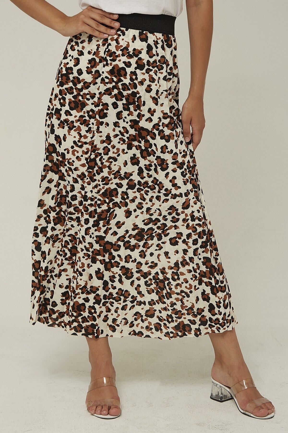 Yağızlar Kadın Krem Leopar Desenli Etek