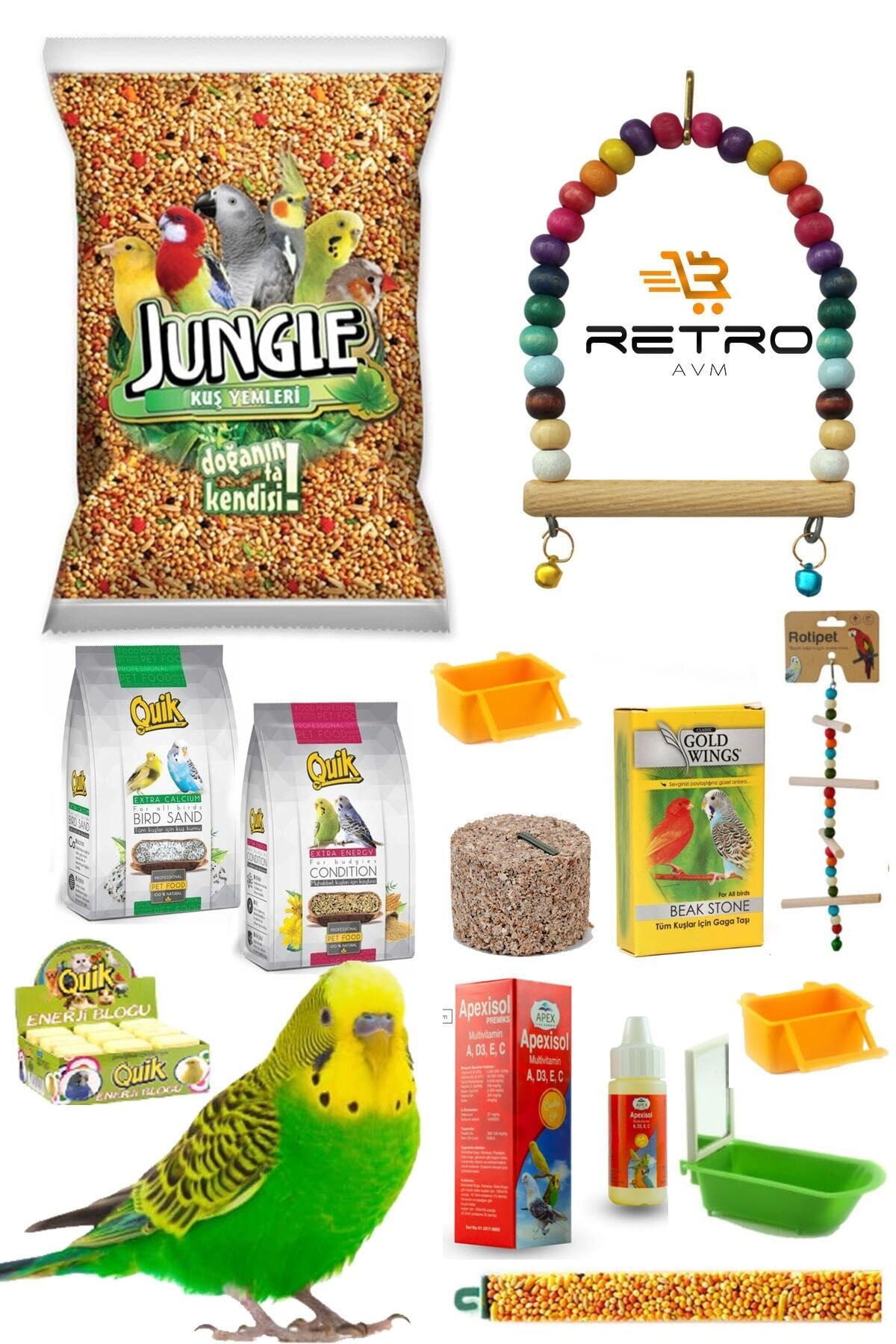 RETROAVM Jungle 13 Parça Muhabbet Kuşu Yem, Bakım Ve Vitamin Seti