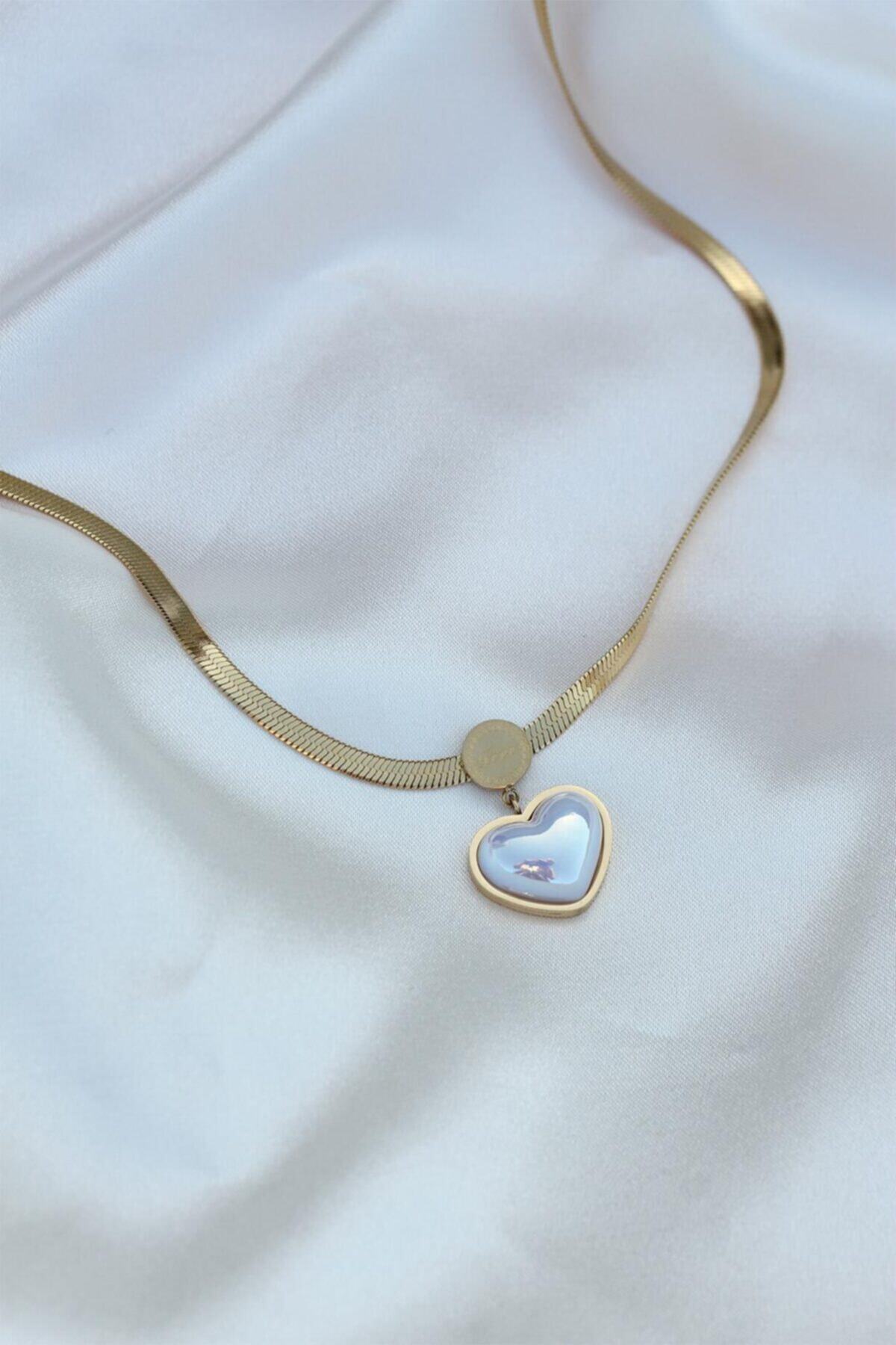 Albenzo Çelik Gold Yılan Zincirli Beyaz Bombeli Kalp Kolye