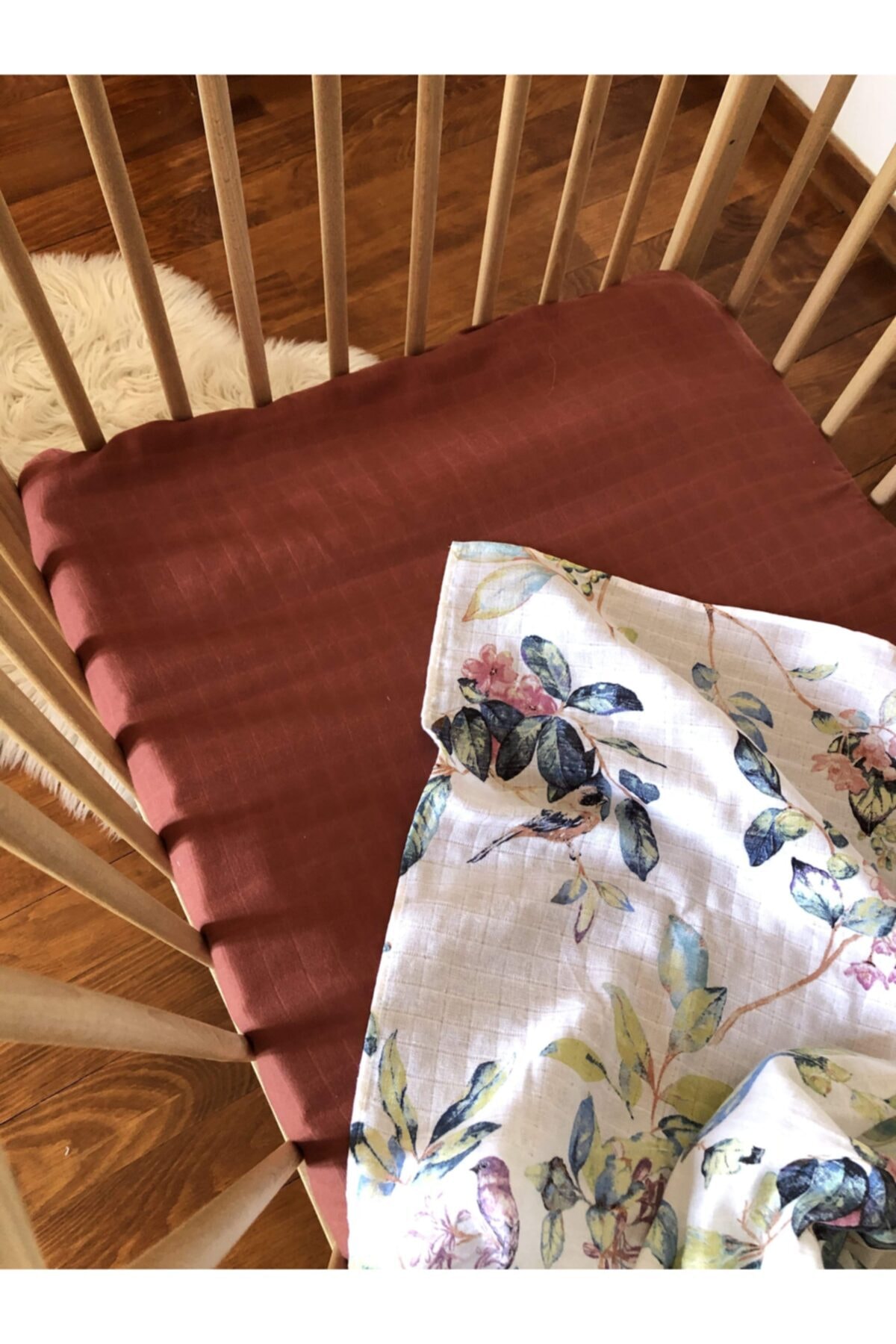 Leporem Baby&Home Leporem Kuş Çiçek Desenli Ve Kiremit Rengi 2 Li Kombin Müslin Bebek Örtüsü