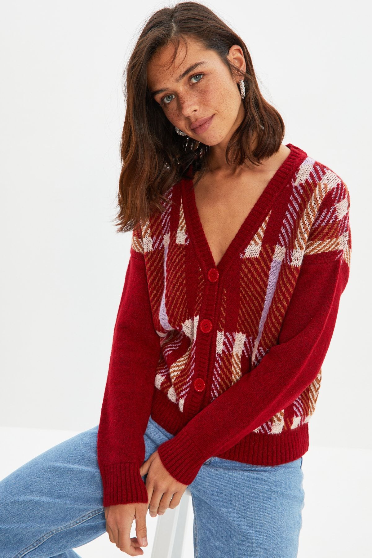 TRENDYOLMİLLA Bordo Jakarlı Triko Hırka TWOAW22HI0527
