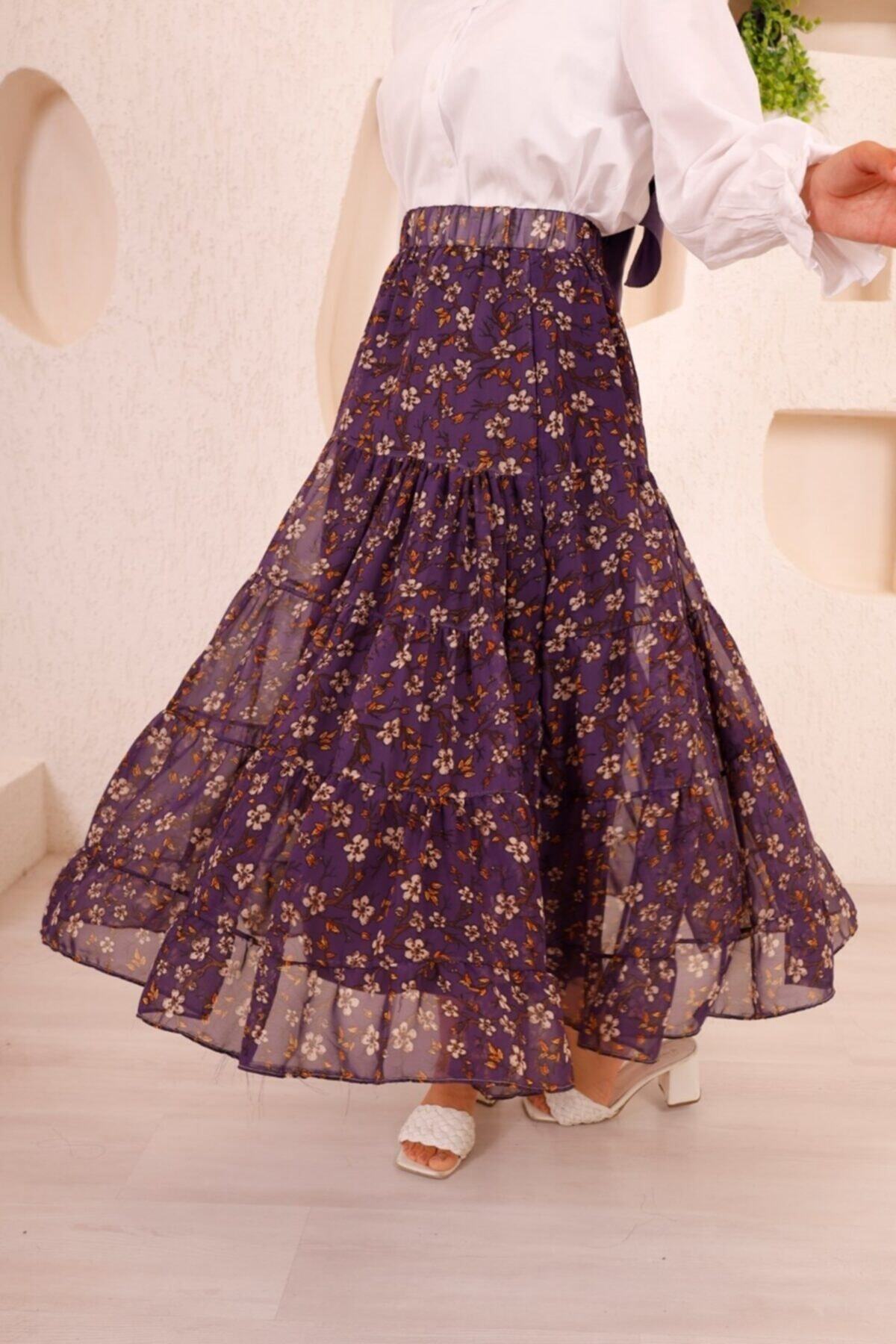 Bestenur Çiçekli Dal Desen Şifon Etek - Mor