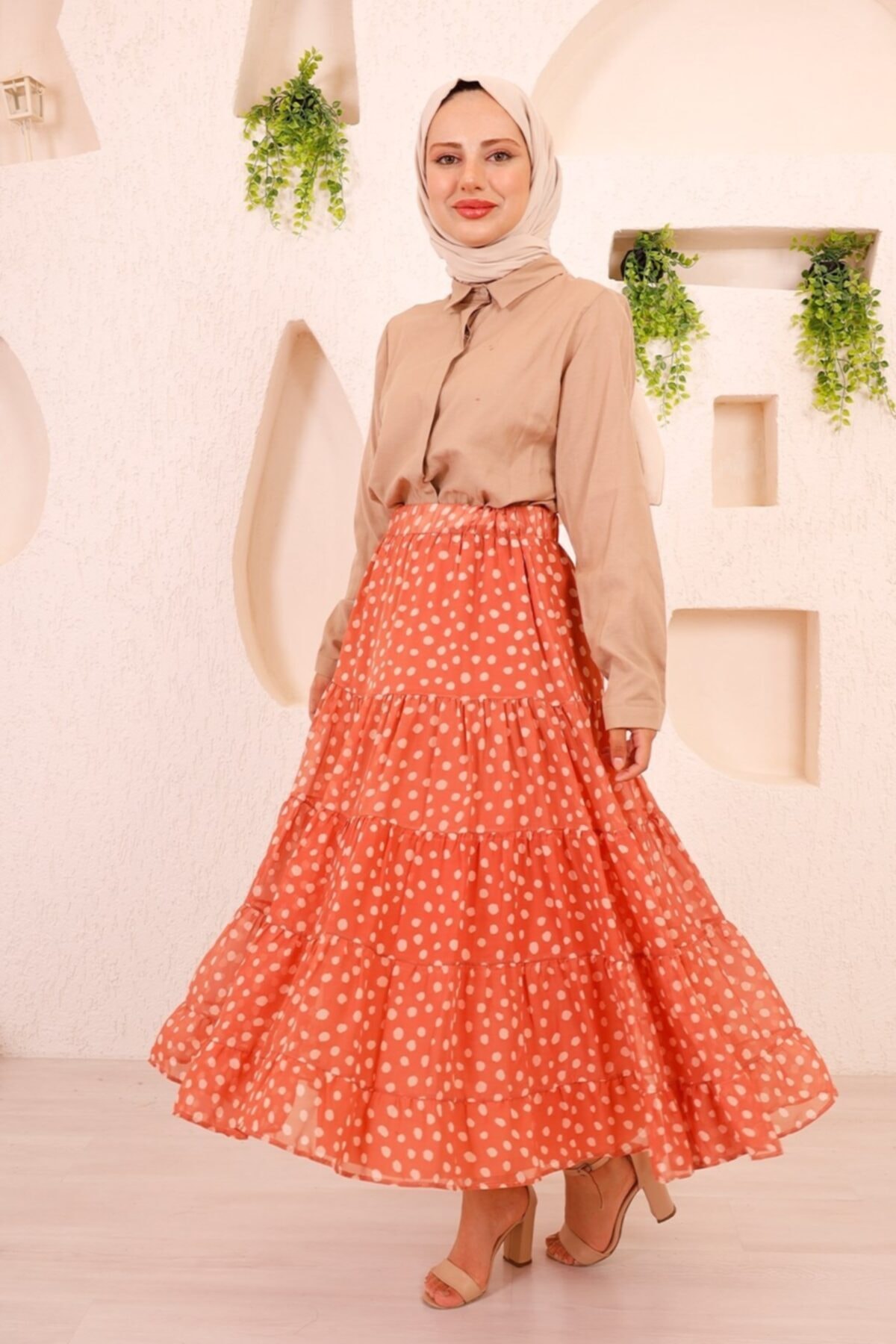 Bestenur Puantiye Desen Şifon Etek  Kiremit