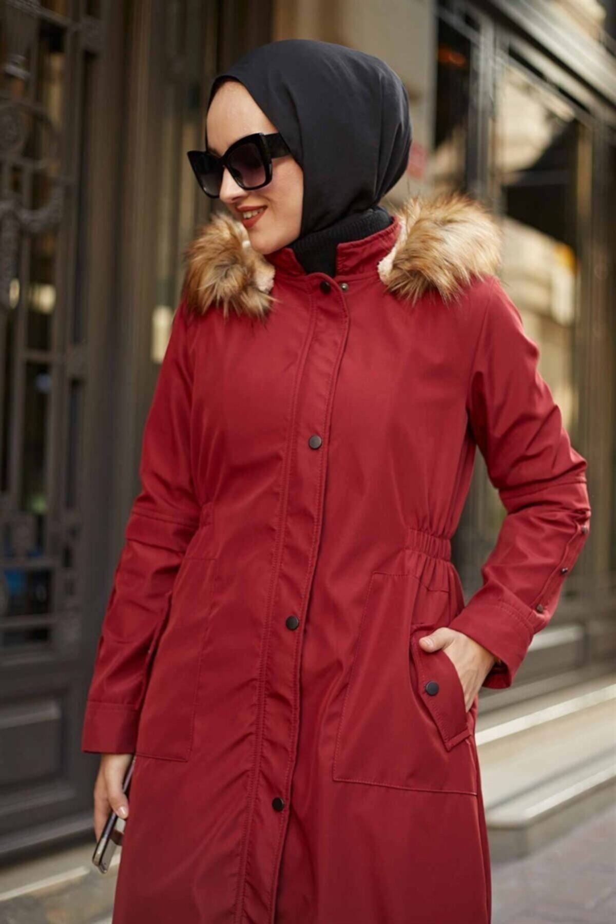 Bestenur Kadın Bordo Kolları Çakımlı İçi Kürklü Mont