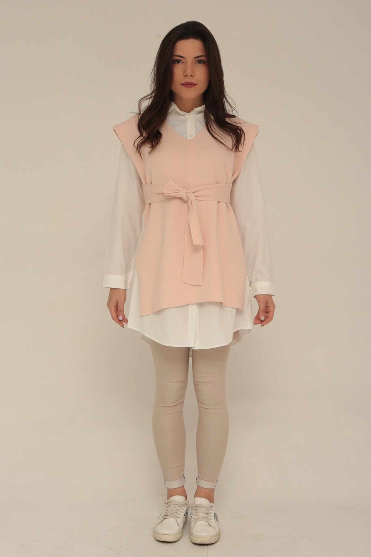 Yağızlar Kadın Pudra V Yaka Beli Kuşaklı Süveter