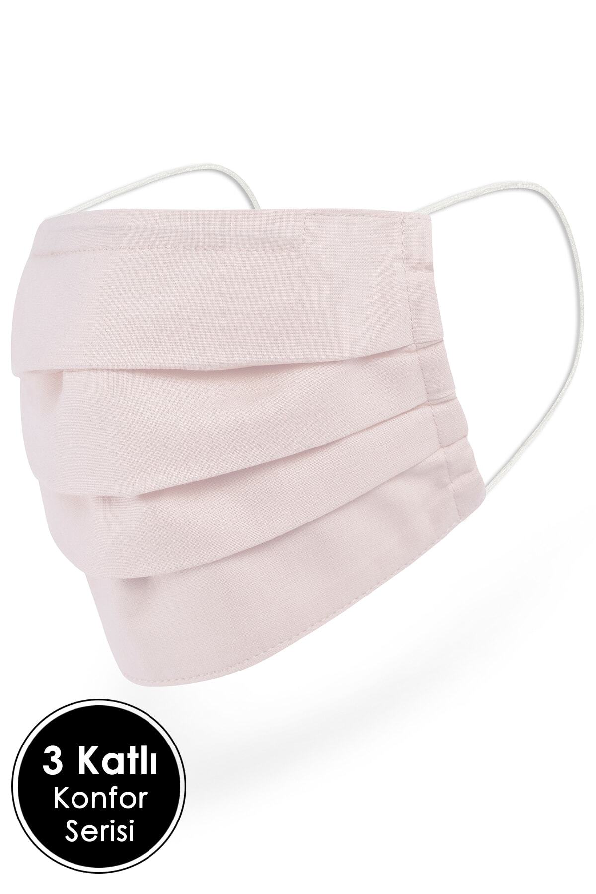 Mutlu Maske Konfor Modeli 3 Katlı Uzun Burun Telli Toz Pembe Beyaz Renkli Unisex Pamuklu Kumaş Yıkanabilir Maske