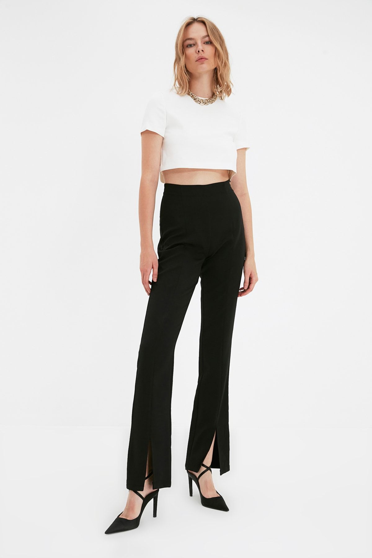 TRENDYOLMİLLA Siyah Tall  Yırtmaçlı Pantolon TWOAW22PL0336