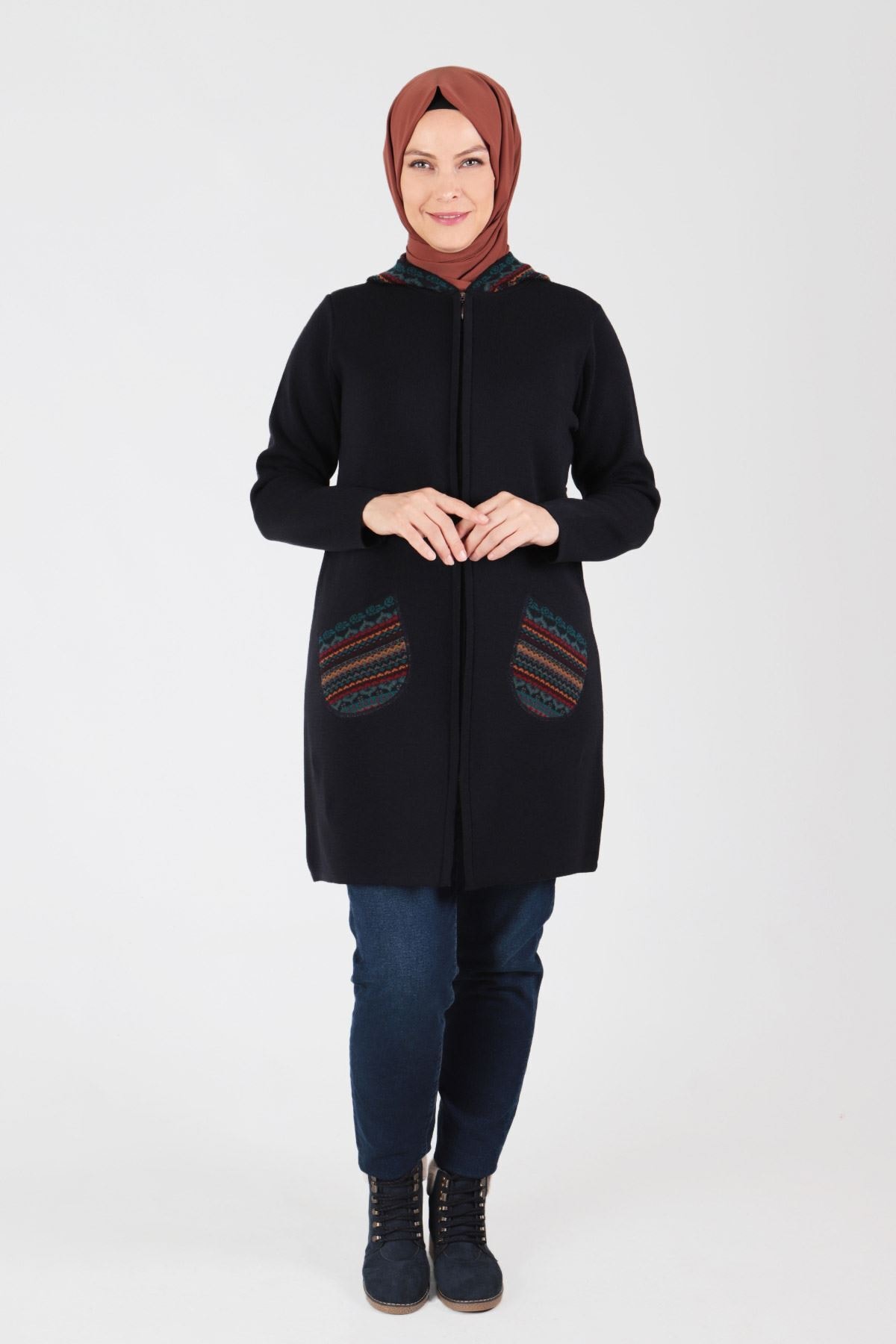 behrem Büyük Beden Tesettür Triko Ceket 9205 Lacivert
