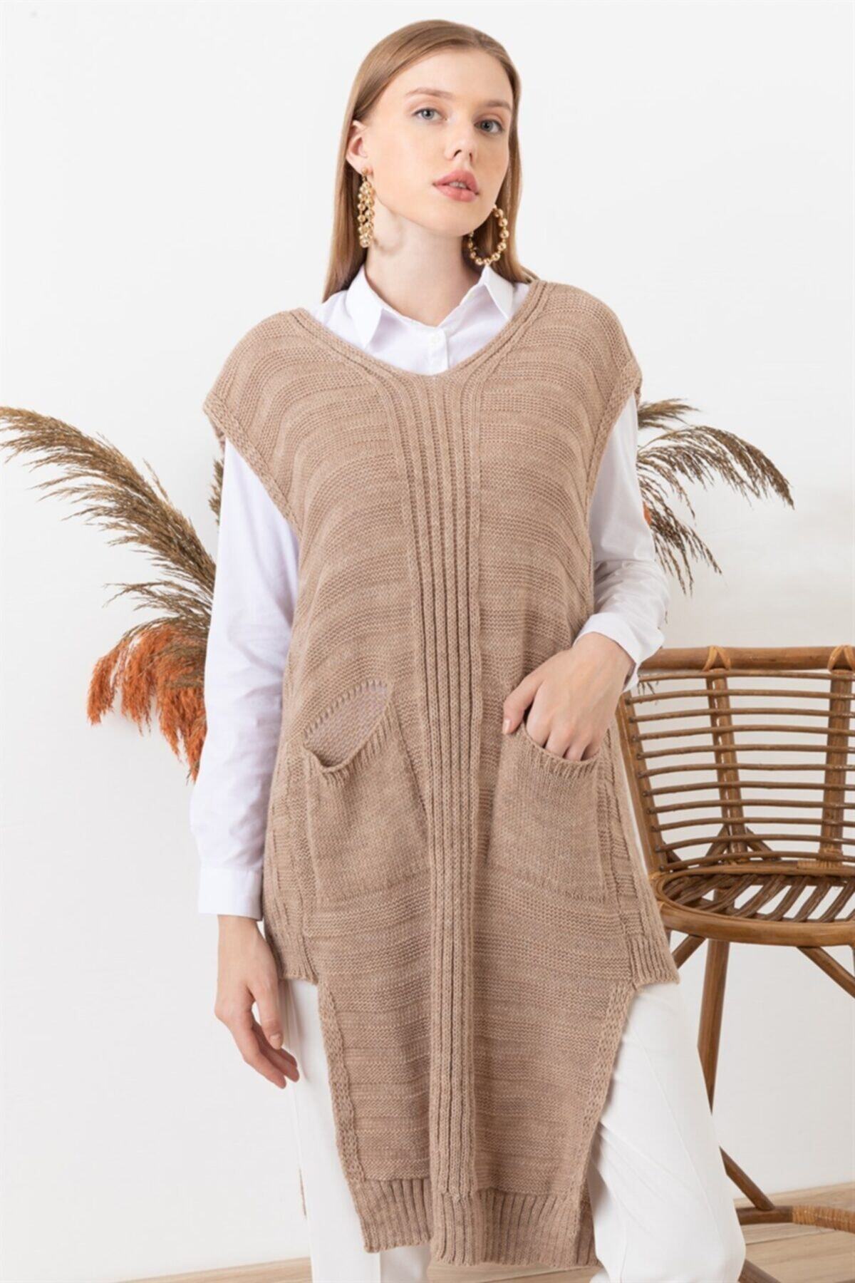 AQE FASHION Kadın Bej V Yaka Panço