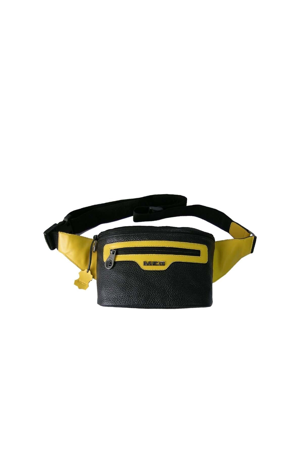 Meg Hakiki Deri Siyah Sarı Bel Göğüs ve Sırt Çantası