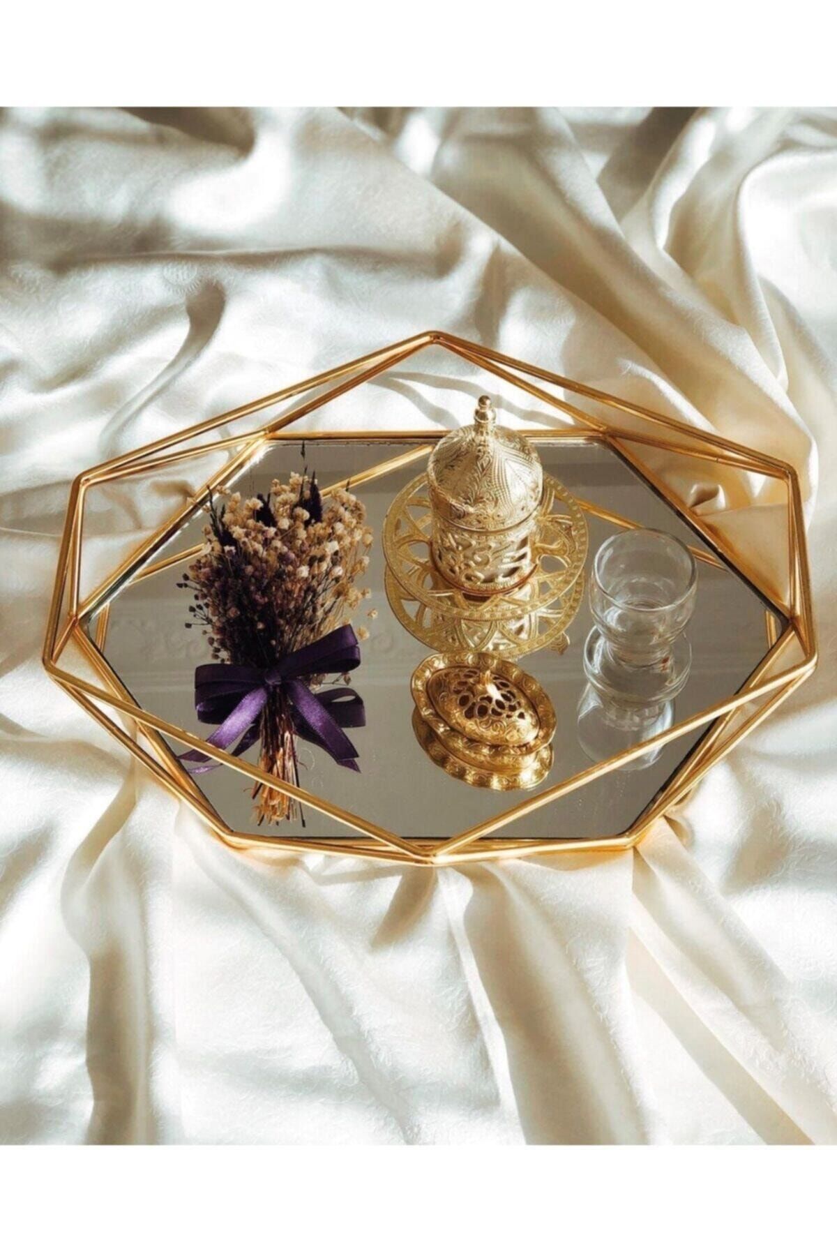 Aker Hediyelik Gold Prizma Damat Kahve Tepsisi Orta Boy Tepsiler