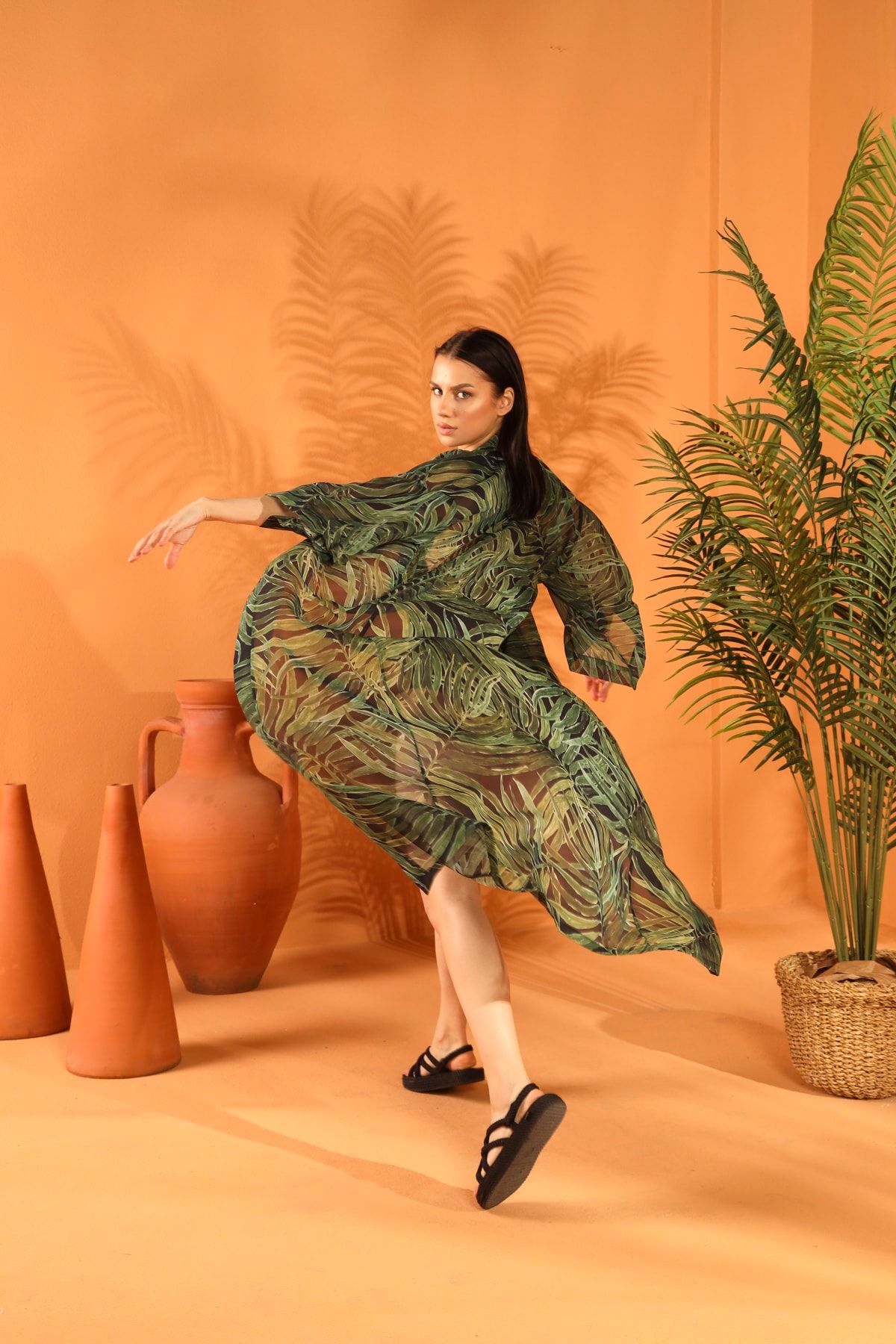 ELAF Black Botanıcal Uzun Kimono Pareo