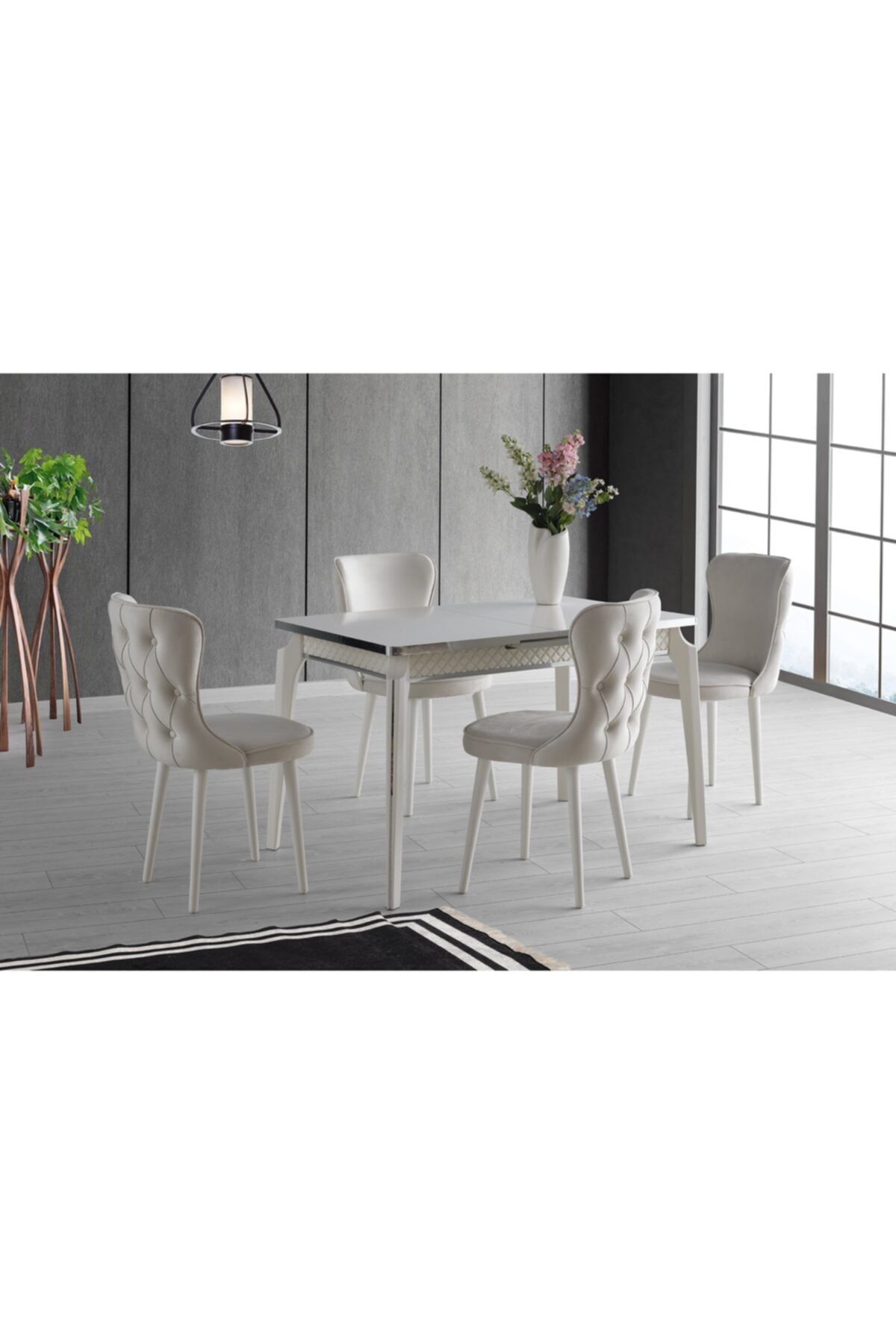Evistro Ortadan Açılır Salon Yemek Masası Krem 4 Adet Sandalye Takım