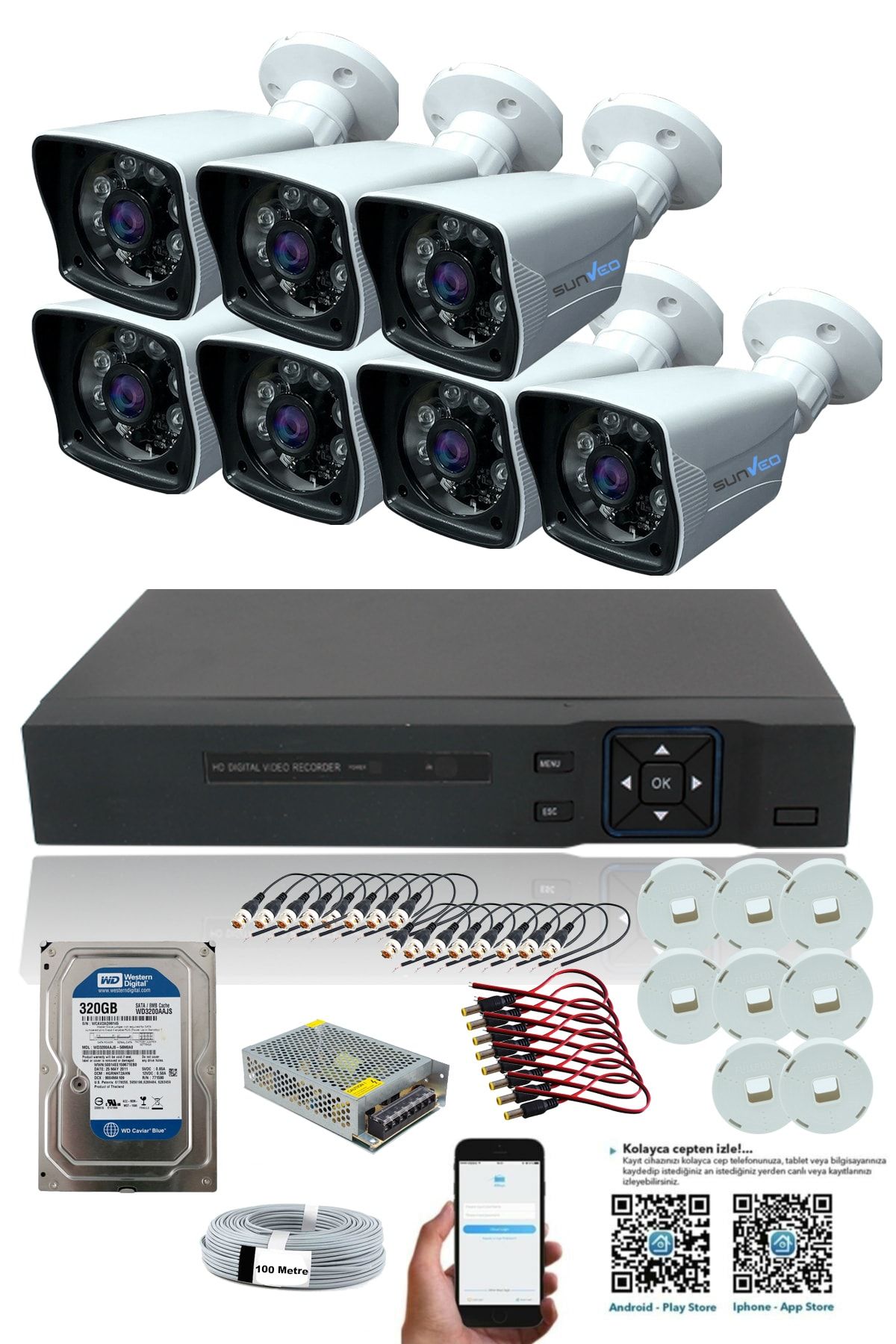 SUNVEO 8 Kameralı 5mp Lensli 1080p Fullhd Kamera Seti - Gece Görüşlü - Su Geçirmez - Cepten Izlemeli