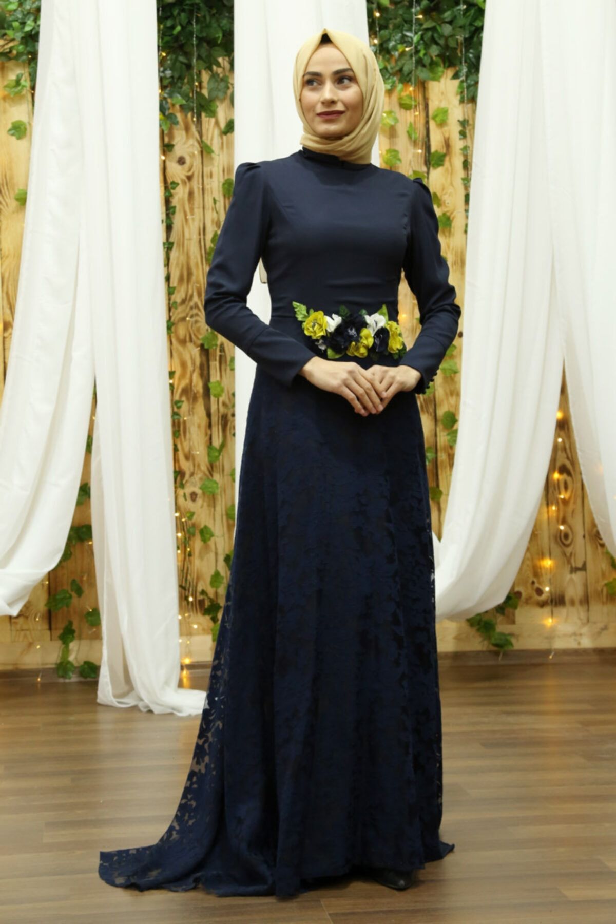Feiza Collection Beli Çiçekli Tesettür Abiye Elbise - Lacivert