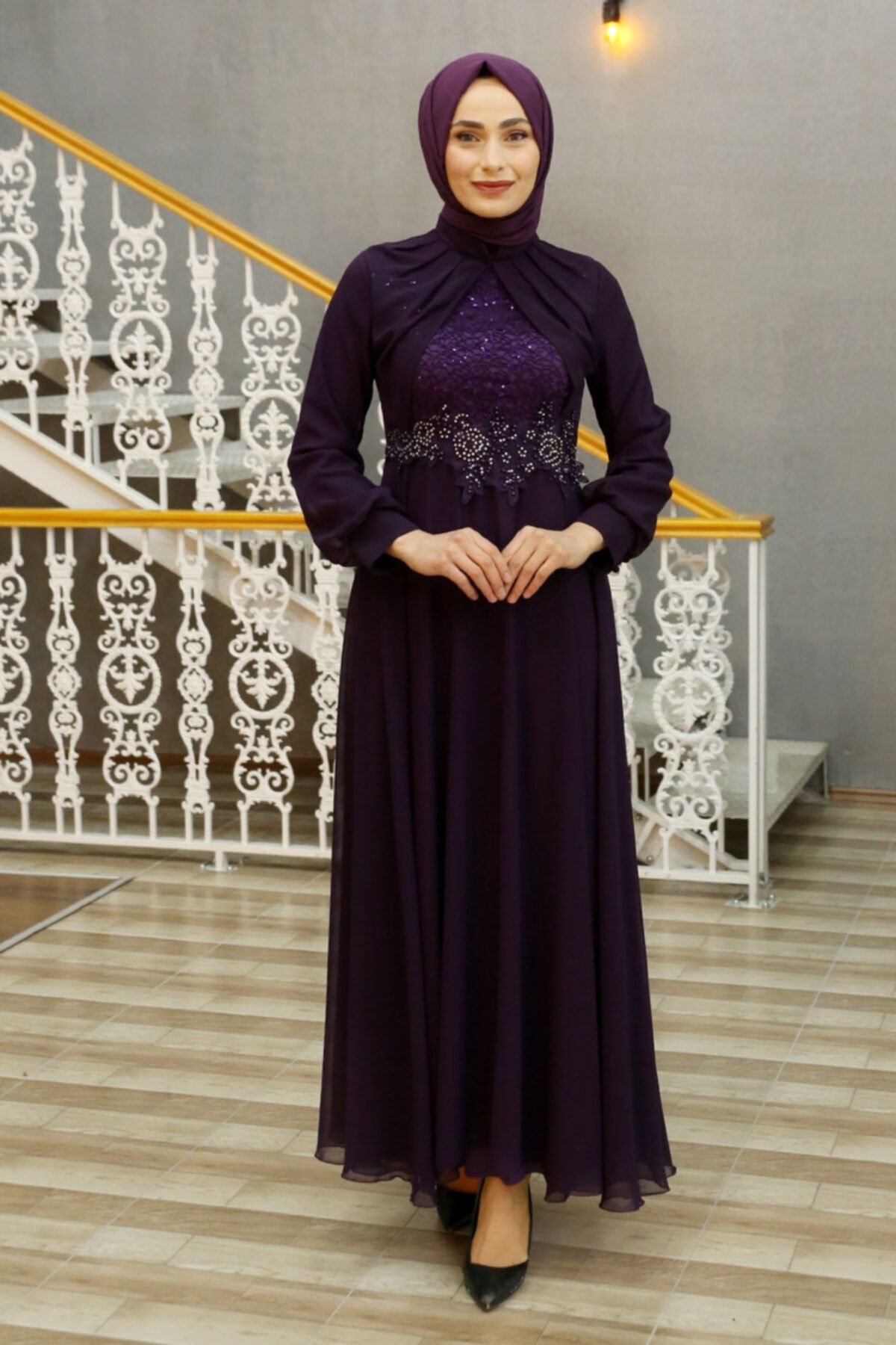 Feiza Collection Beli Taş Detaylı Tesettür Abiye Elbise - Mürdüm
