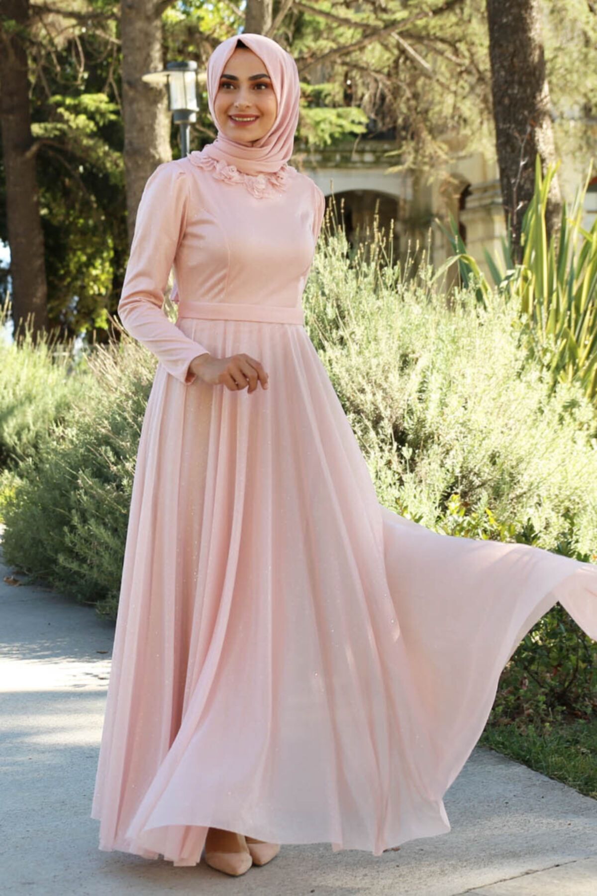 Feiza Collection Çiçek Detaylı Pullu Tesettür Abiye - Pudra