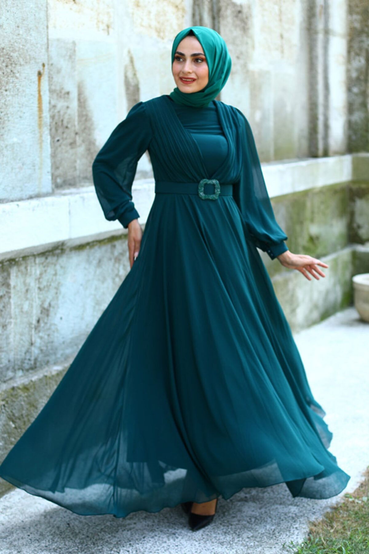 Feiza Collection Darapeli Taş Kemerli Tesettür Abiye Elbise - Yeşil