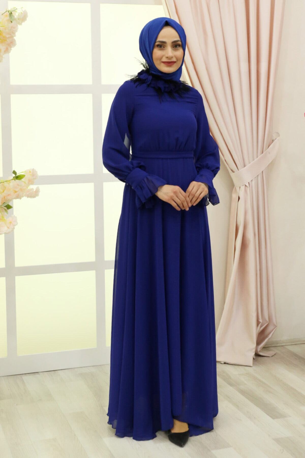 Feiza Collection Boynu Tüylü Tesettür Abiye Elbise - Saks Mavisi
