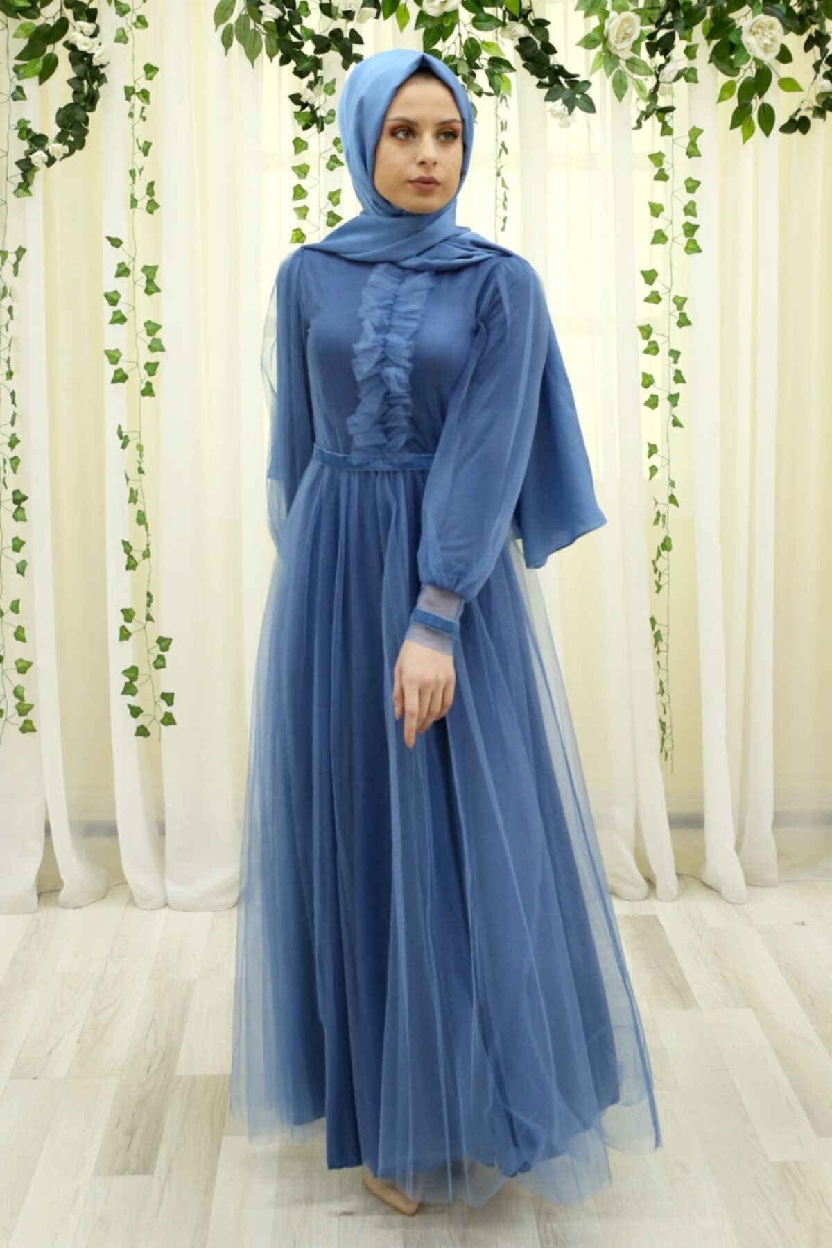 Feiza Collection Yakası Fırfırlı Tesettür Abiye Elbise - Indigo